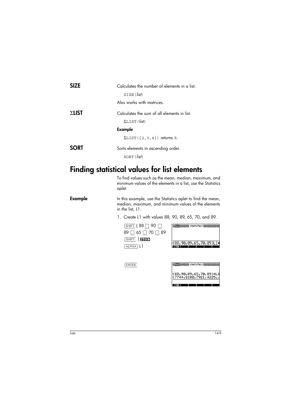 Size, Slist, Sort | Finding statistical values for list elements, Example, Σ list | HP 39g+ User Manual | Page 201 / 294