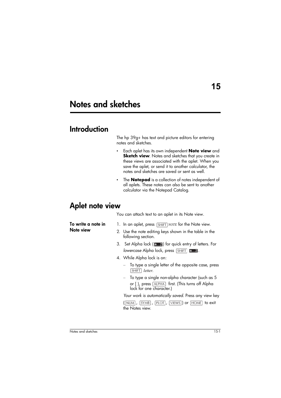 Introduction, Aplet note view, To write a note in note view | HP 39g+ User Manual | Page 203 / 294