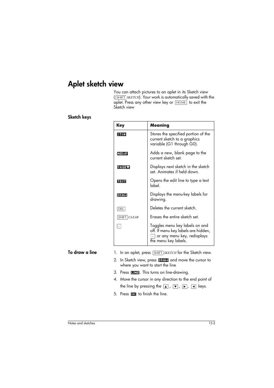 Aplet sketch view, Sketch keys, Meaning | To draw a line | HP 39g+ User Manual | Page 205 / 294