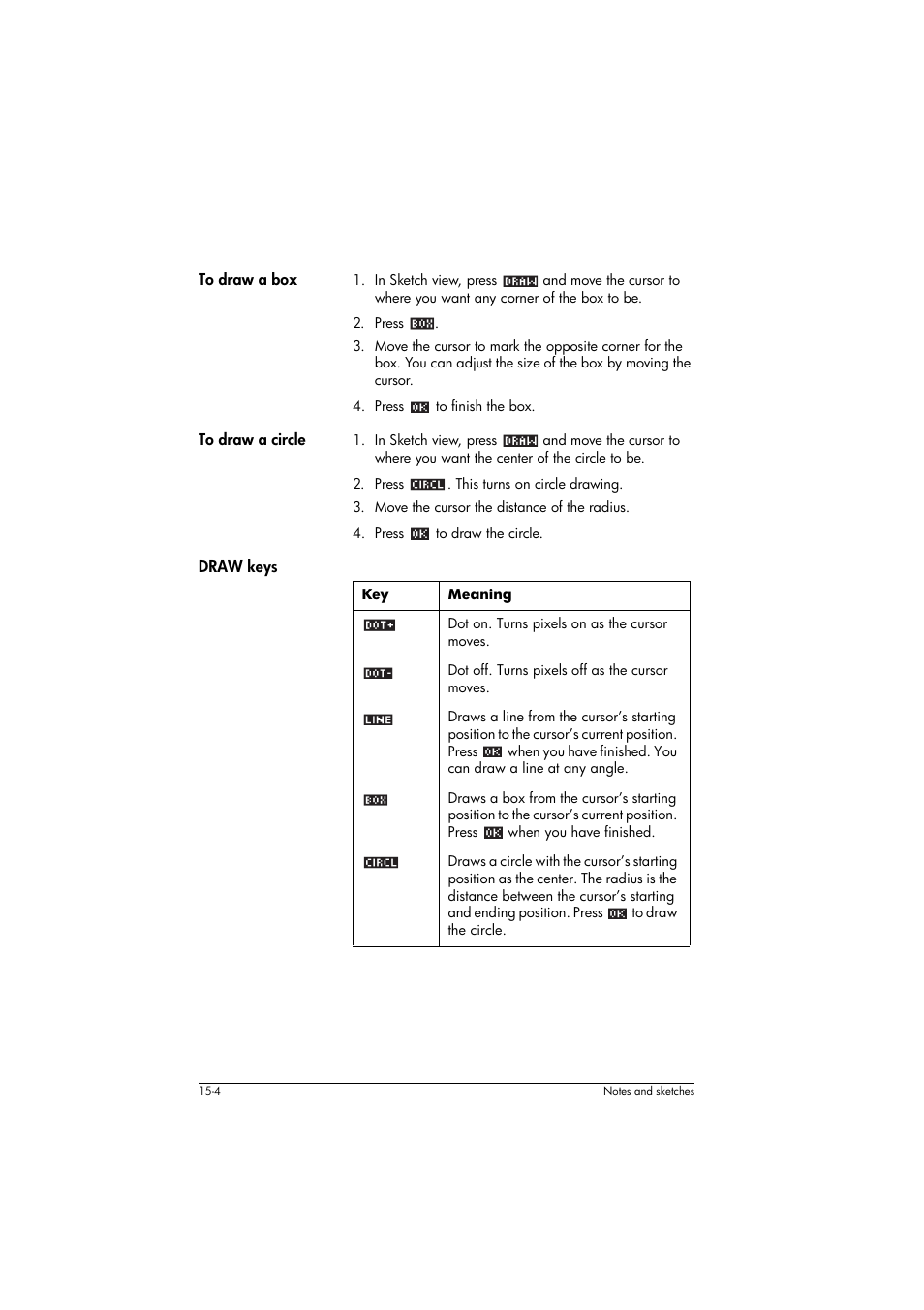 To draw a box, To draw a circle, Draw keys | Meaning | HP 39g+ User Manual | Page 206 / 294