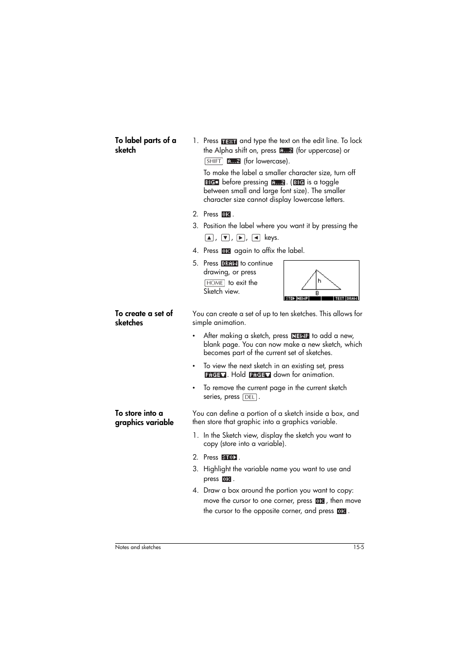 To label parts of a sketch, To create a set of sketches, To store into a graphics variable | HP 39g+ User Manual | Page 207 / 294