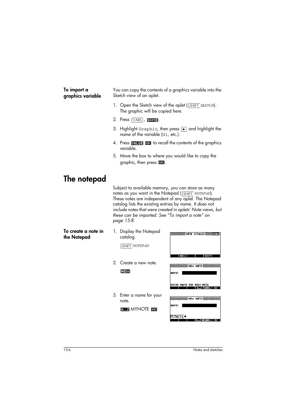 To import a graphics variable, The notepad, To create a note in the notepad | HP 39g+ User Manual | Page 208 / 294