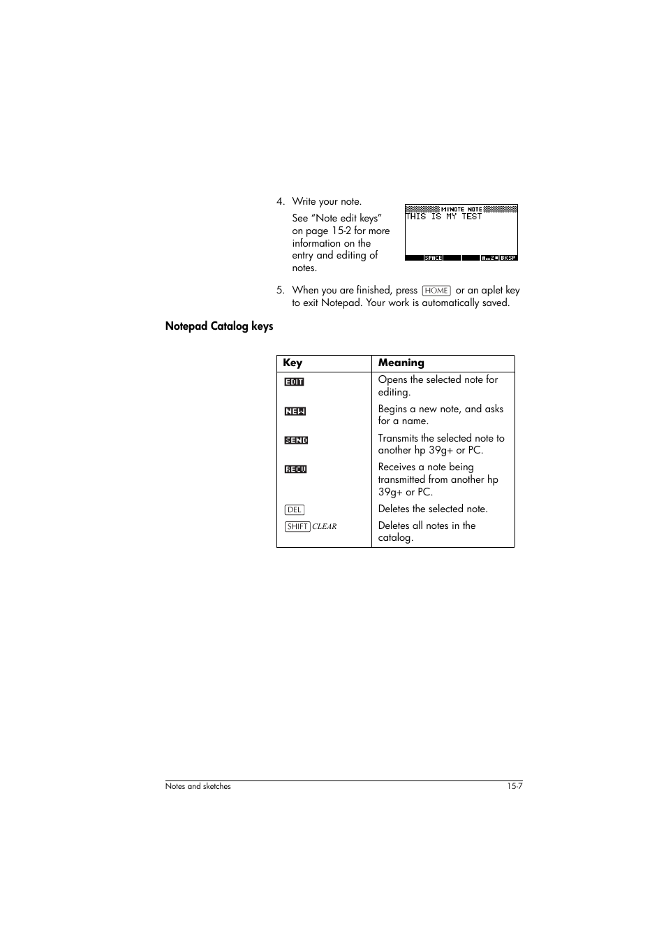 Notepad catalog keys, Meaning | HP 39g+ User Manual | Page 209 / 294