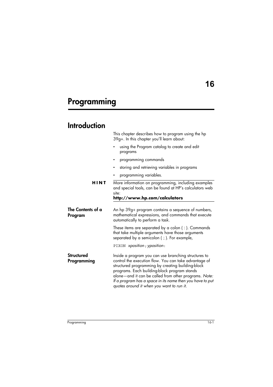 Introduction, Hint, The contents of a program | Structured programming, 16 programming | HP 39g+ User Manual | Page 211 / 294