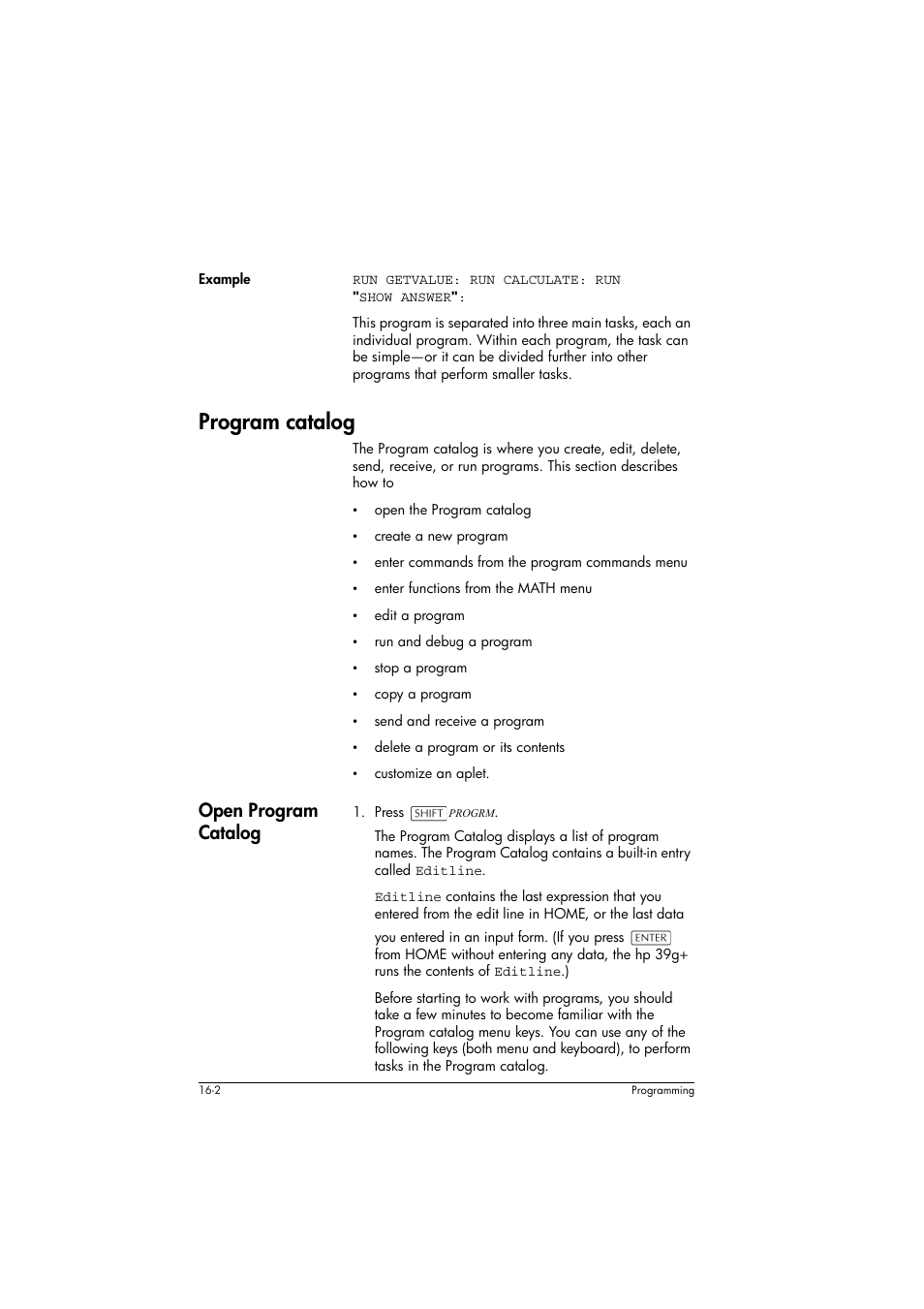 Example, Program catalog, Open program catalog | HP 39g+ User Manual | Page 212 / 294