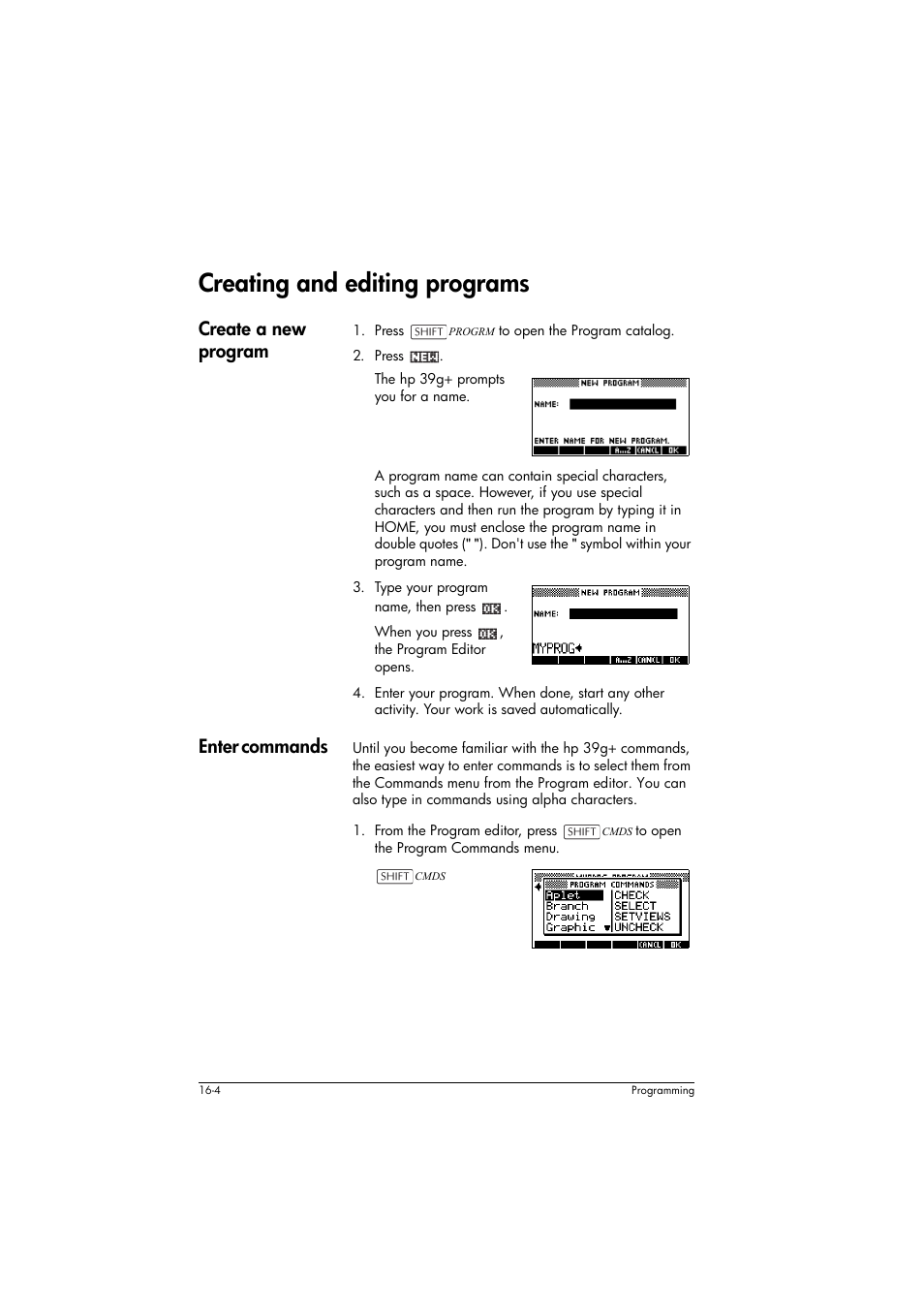 Creating and editing programs, Create a new program, Enter commands | HP 39g+ User Manual | Page 214 / 294