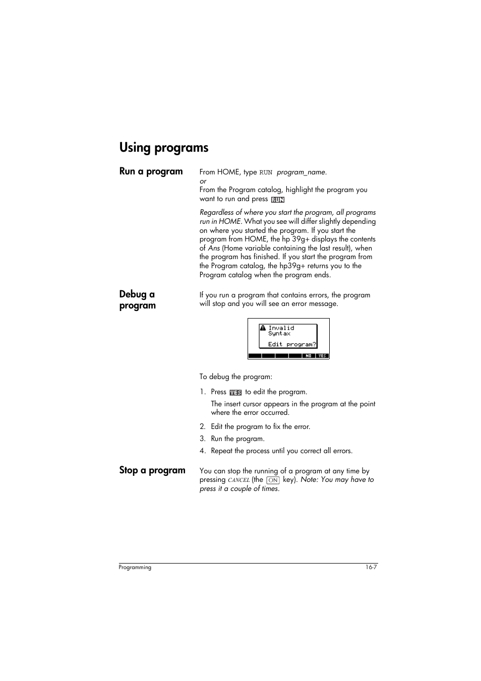 Using programs, Run a program, Debug a program | Stop a program | HP 39g+ User Manual | Page 217 / 294