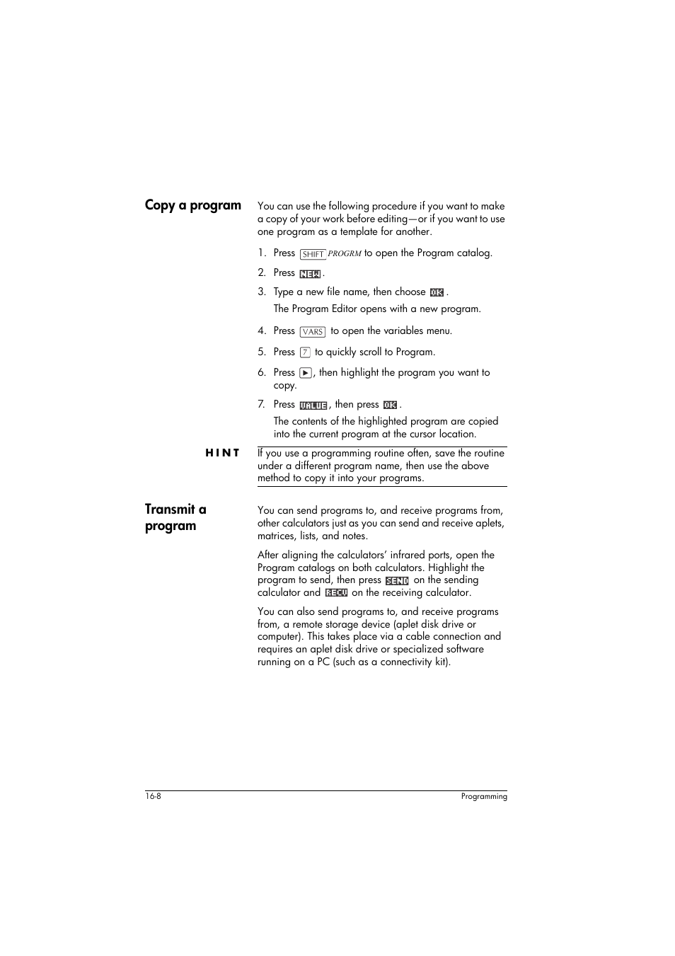 Copy a program, Hint, Transmit a program | HP 39g+ User Manual | Page 218 / 294