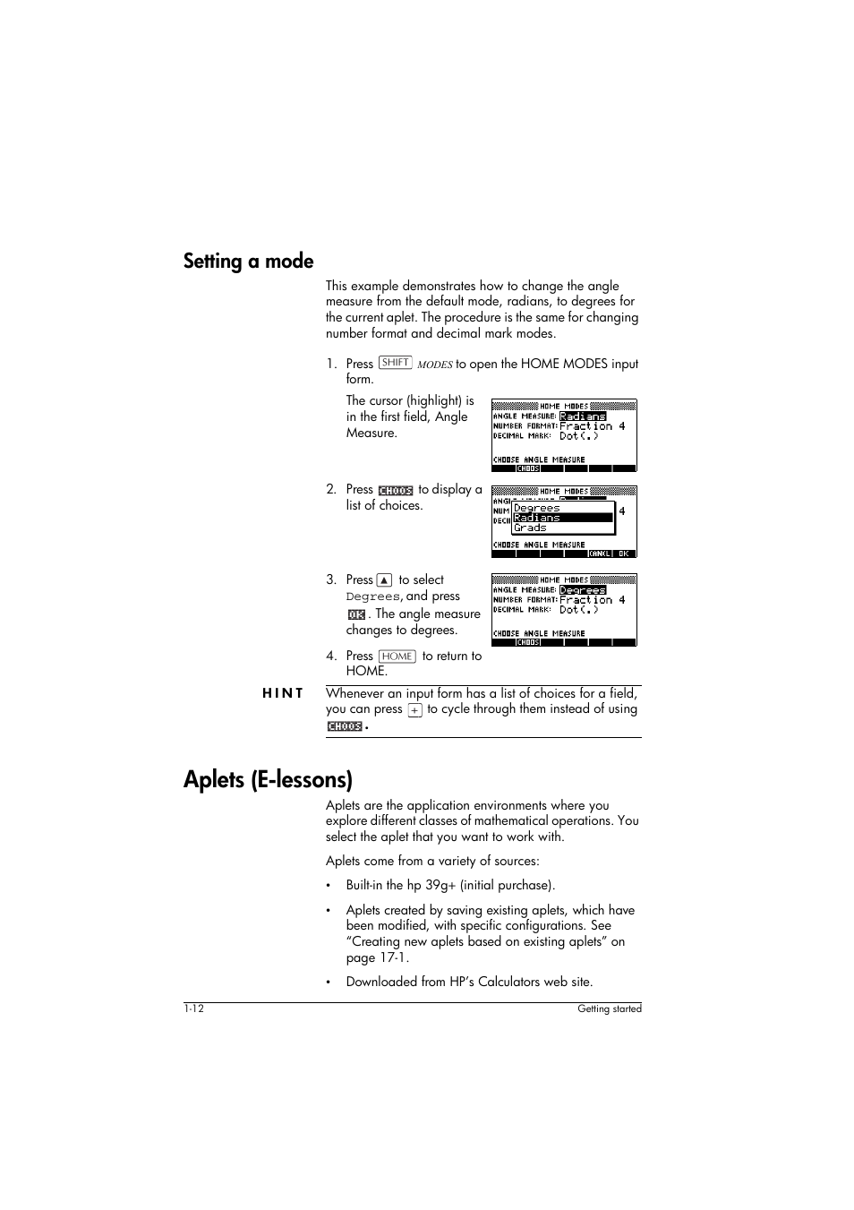 Setting a mode, Hint, Aplets (e-lessons) | HP 39g+ User Manual | Page 22 / 294