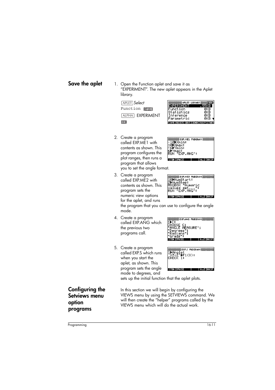 Save the aplet, Configuring the setviews menu option programs | HP 39g+ User Manual | Page 221 / 294