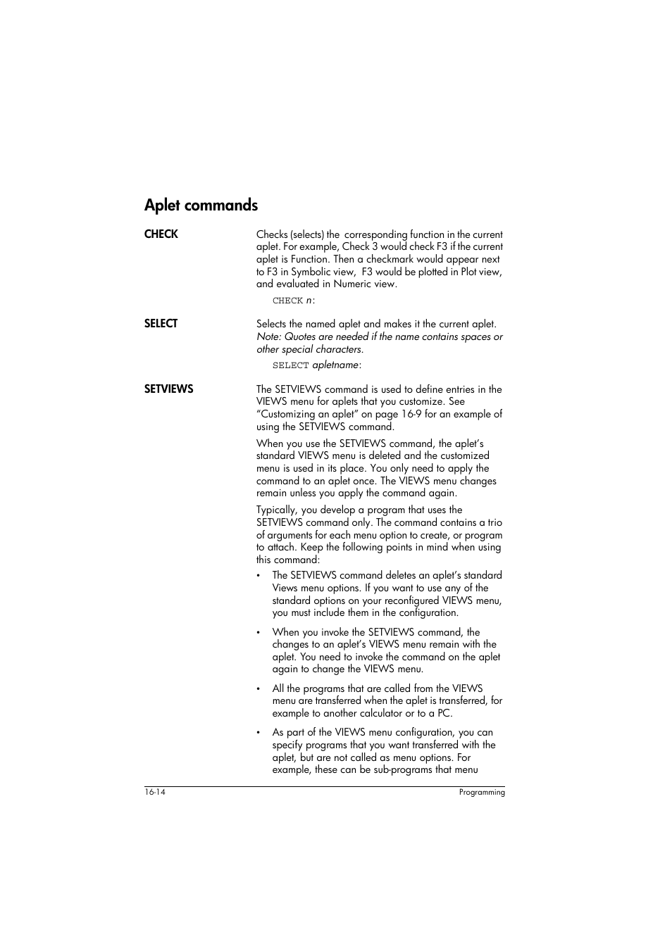 Aplet commands, Check, Select | Setviews | HP 39g+ User Manual | Page 224 / 294