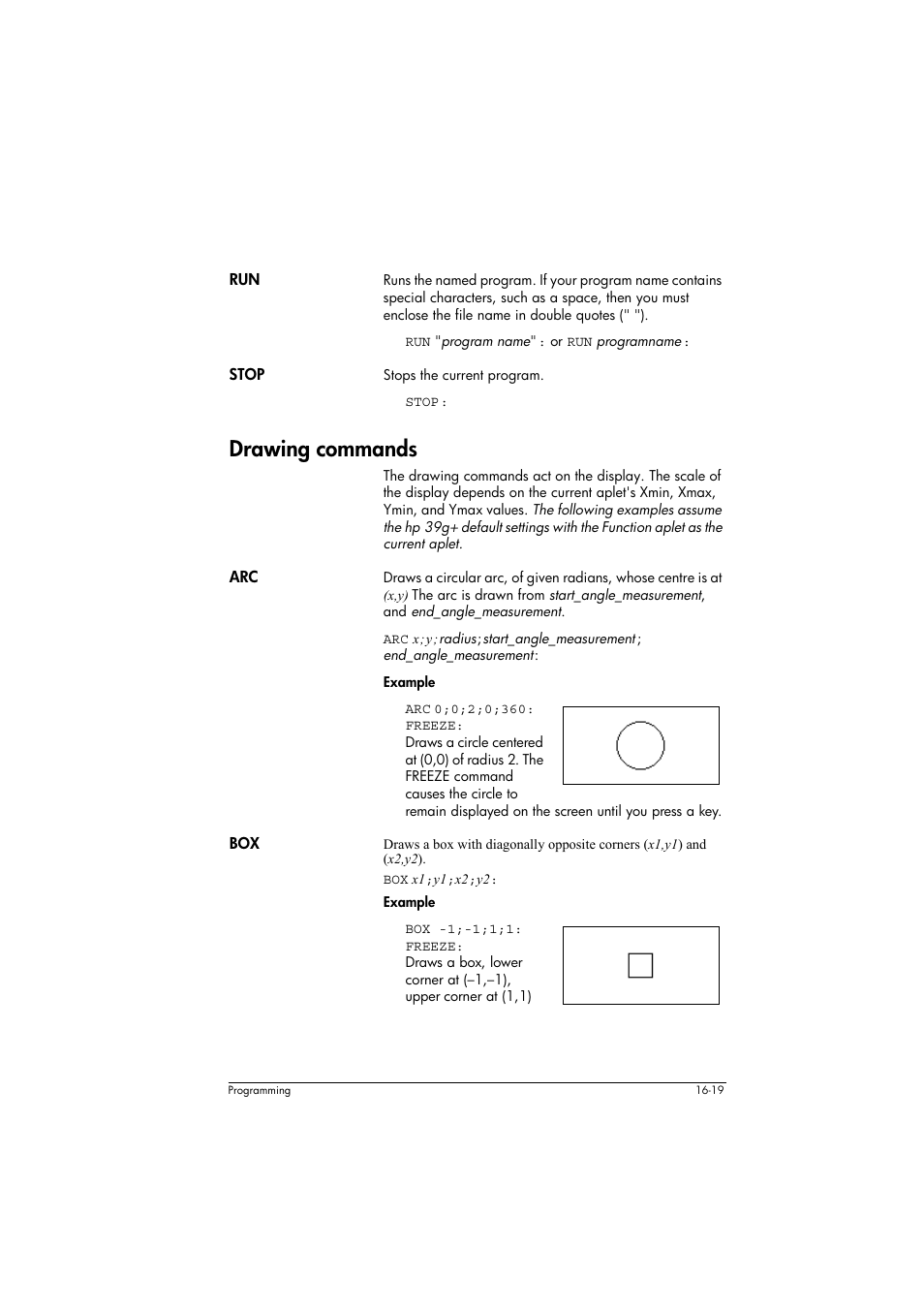 Stop, Drawing commands, Box x1;y1;x2;y2 | HP 39g+ User Manual | Page 229 / 294