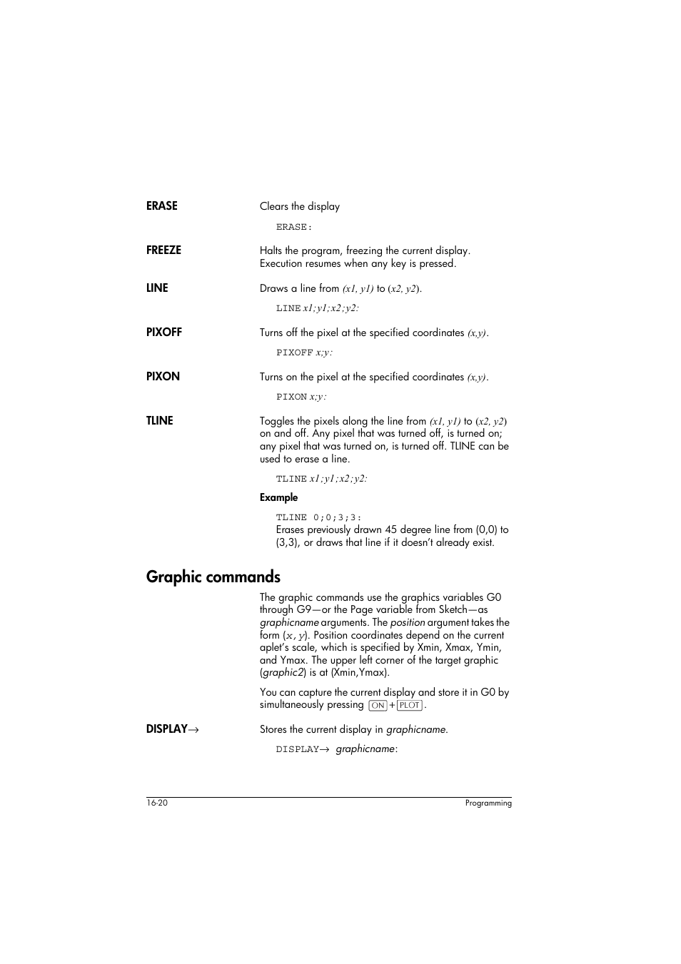 Erase, Freeze, Line | Pixoff, Pixon, Tline, Graphic commands, Displayæ | HP 39g+ User Manual | Page 230 / 294