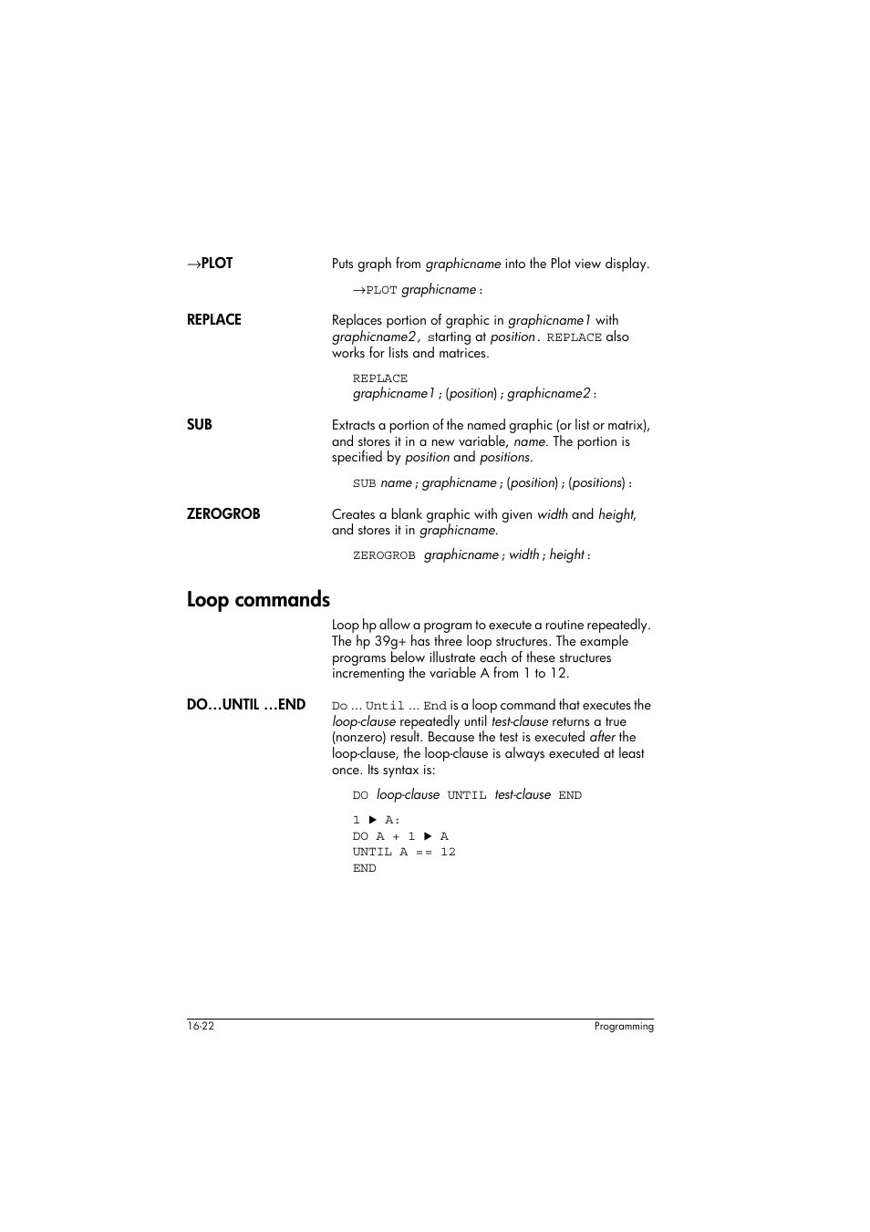 Æplot, Replace, Zerogrob | Loop commands, Do…until …end | HP 39g+ User Manual | Page 232 / 294
