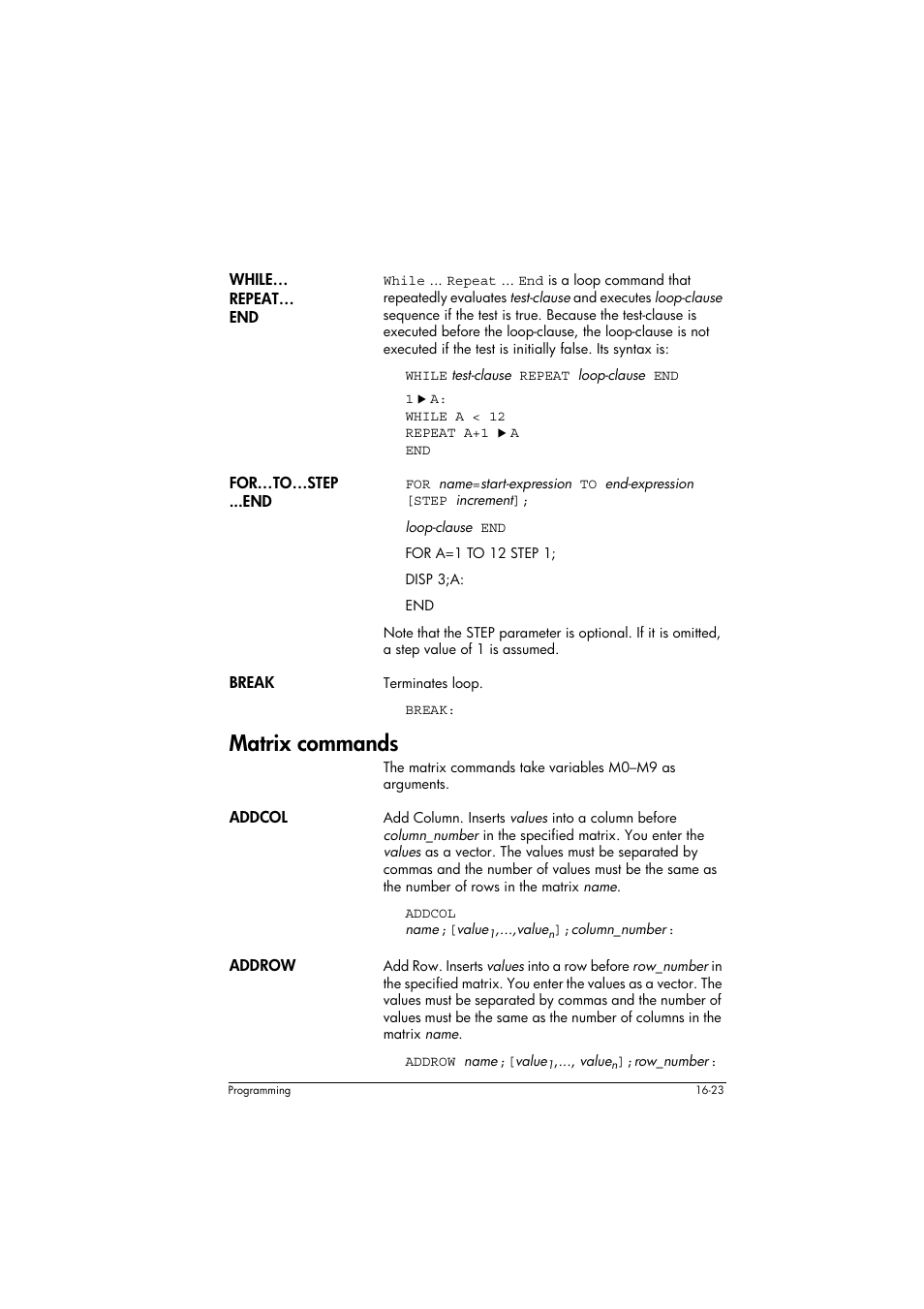 While… repeat… end, For…to…step ...end, Break | Matrix commands, Addcol, Addrow | HP 39g+ User Manual | Page 233 / 294