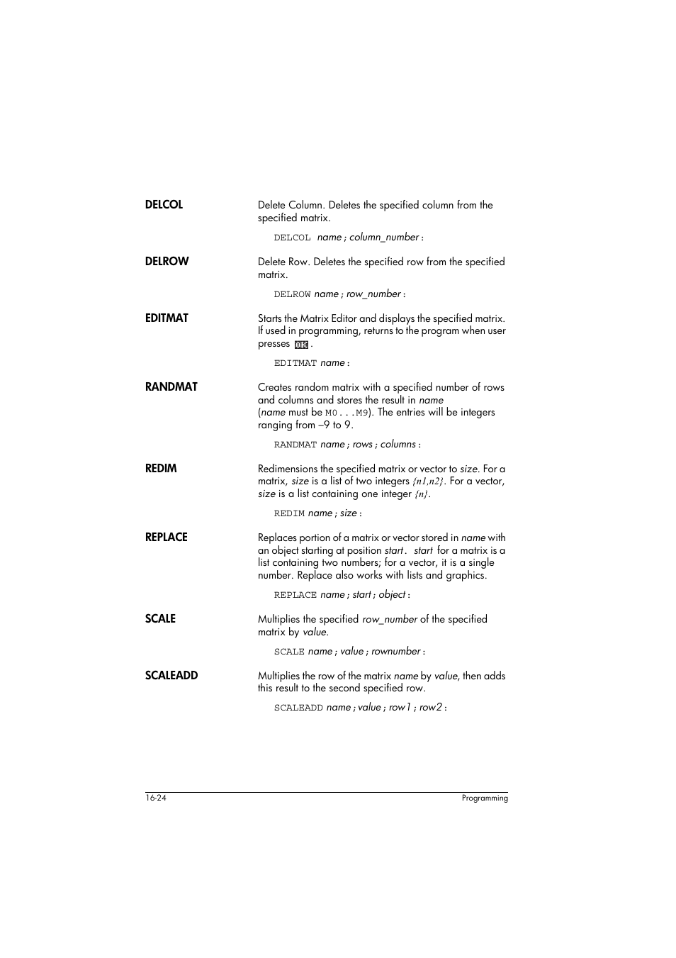 Delcol, Delrow, Editmat | Randmat, Redim, Replace, Scale, Scaleadd | HP 39g+ User Manual | Page 234 / 294