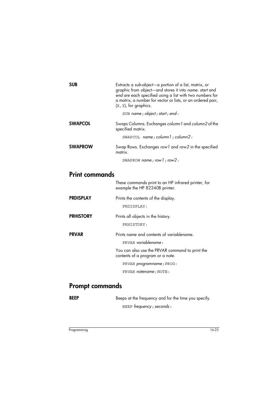 Swapcol, Swaprow, Print commands | Prdisplay, Prhistory, Prvar, Prompt commands, Beep | HP 39g+ User Manual | Page 235 / 294