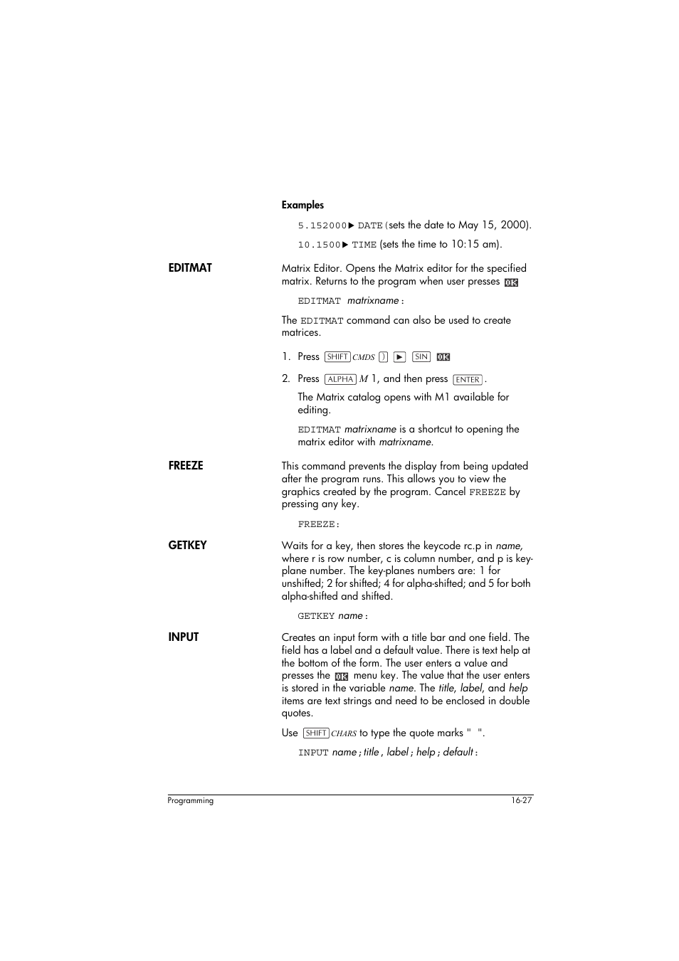 Editmat, Freeze, Getkey | Input | HP 39g+ User Manual | Page 237 / 294