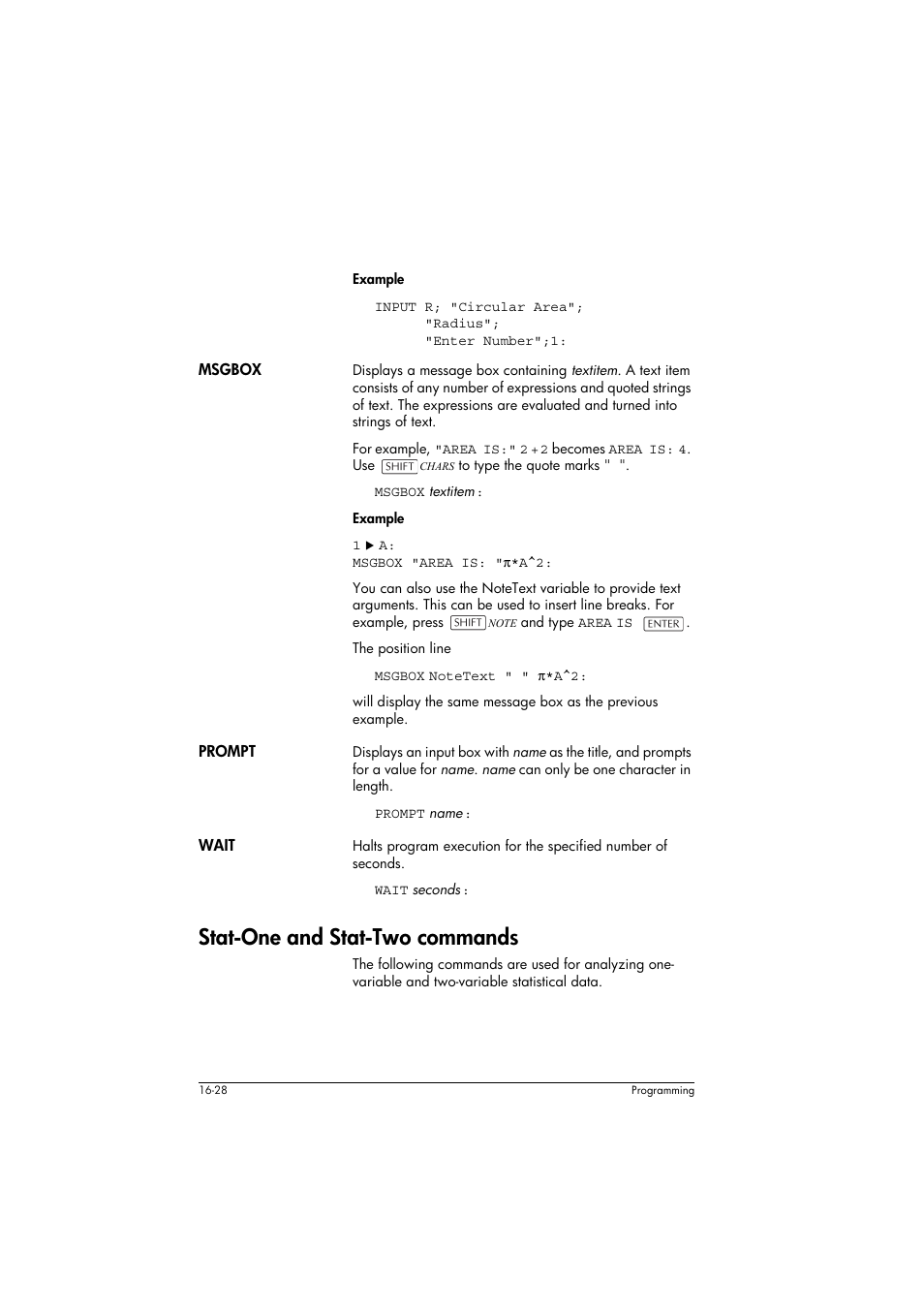 Msgbox, Prompt, Wait | Stat-one and stat-two commands | HP 39g+ User Manual | Page 238 / 294