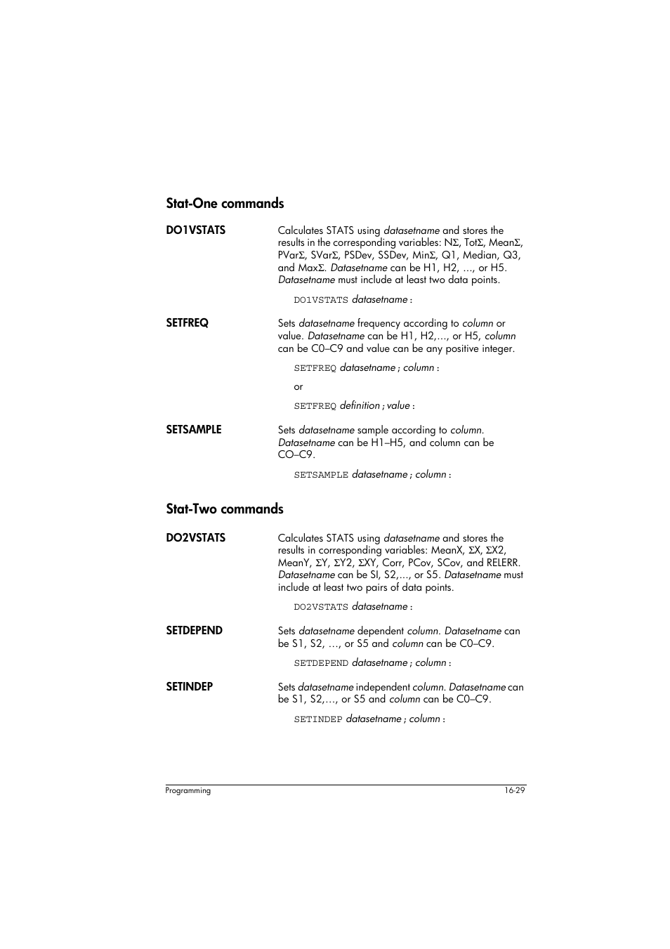 Stat-one commands, Do1vstats, Setfreq | Setsample, Stat-two commands, Do2vstats, Setdepend, Setindep | HP 39g+ User Manual | Page 239 / 294