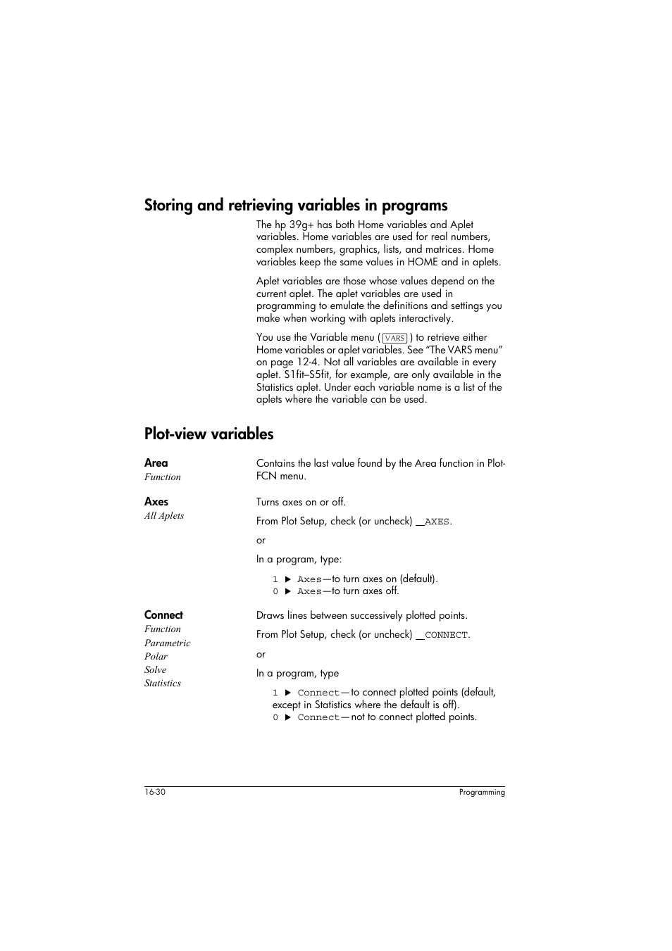 Storing and retrieving variables in programs, Plot-view variables, Area function | Axes all aplets, Connect function parametric polar solve statistics | HP 39g+ User Manual | Page 240 / 294