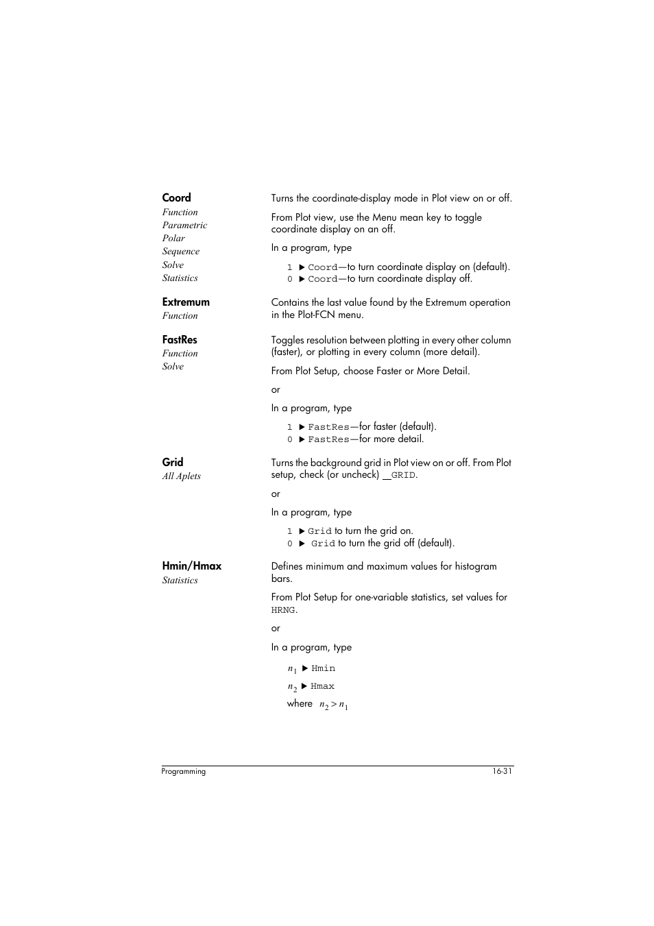 Extremum function, Fastres function solve, Grid all aplets | Hmin/hmax statistics | HP 39g+ User Manual | Page 241 / 294