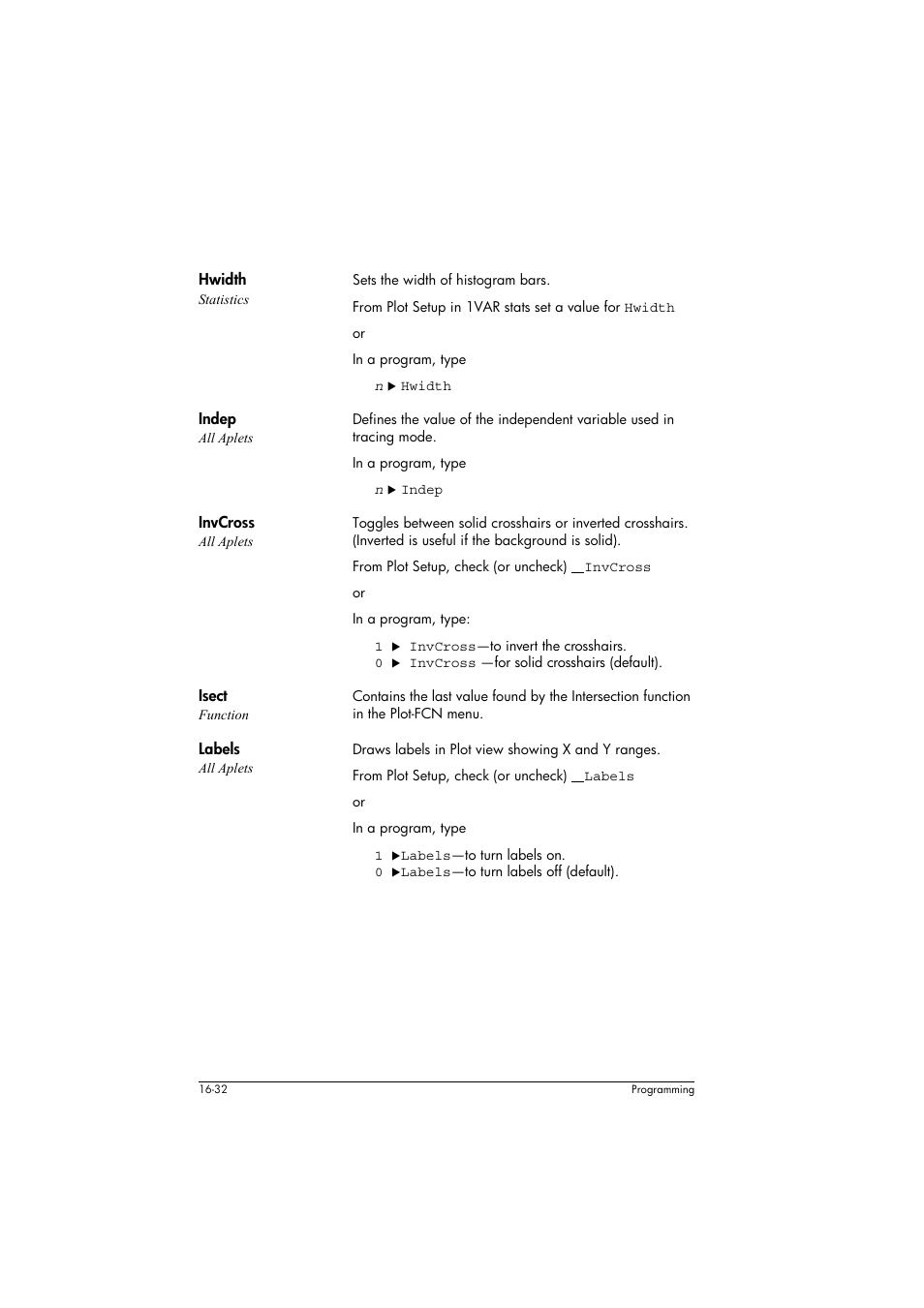 Hwidth statistics, Indep all aplets, Invcross all aplets | Isect function, Labels all aplets | HP 39g+ User Manual | Page 242 / 294