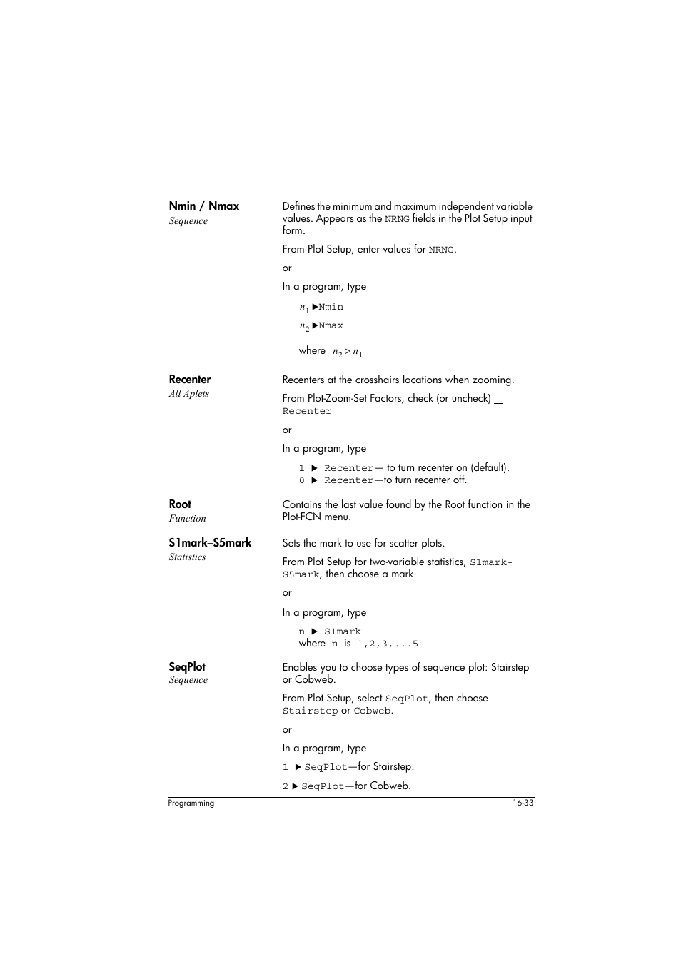 Nmin / nmax sequence, Recenter all aplets, Root function | S1mark–s5mark statistics, Seqplot sequence | HP 39g+ User Manual | Page 243 / 294