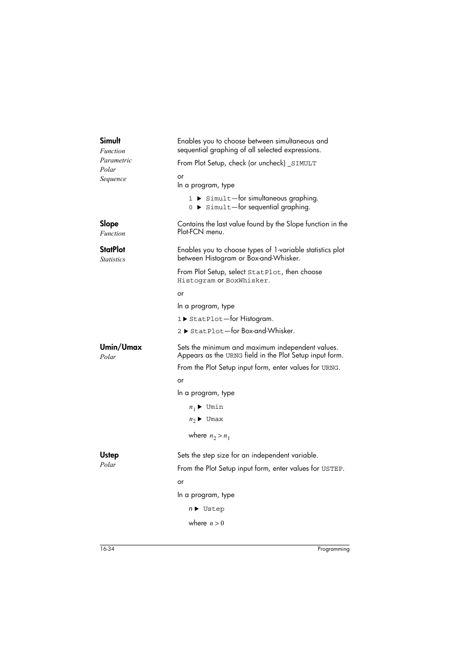 Simult function parametric polar sequence, Slope function, Statplot statistics | Umin/umax polar, Ustep polar | HP 39g+ User Manual | Page 244 / 294
