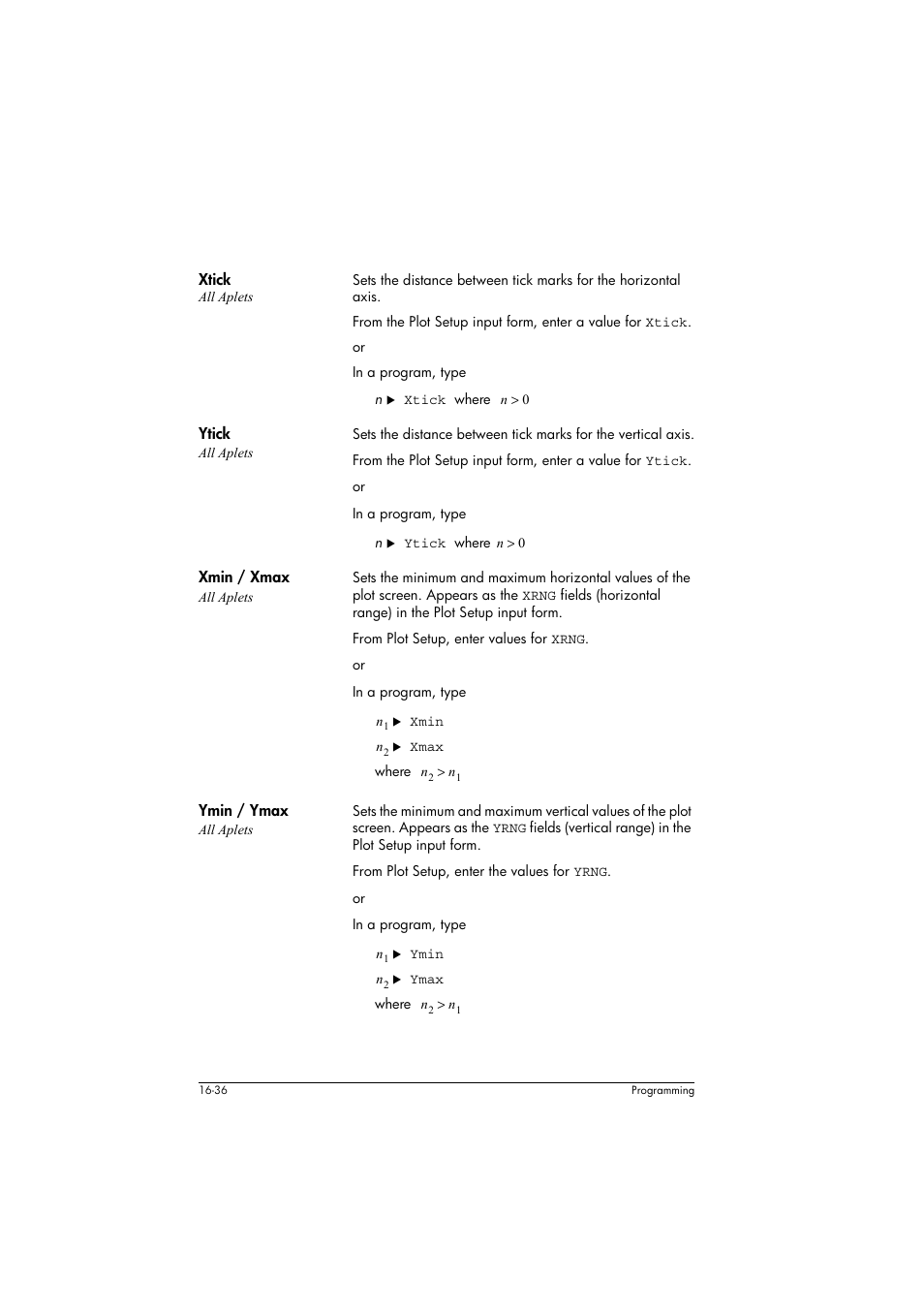 Xtick all aplets, Ytick all aplets, Xmin / xmax all aplets | Ymin / ymax all aplets | HP 39g+ User Manual | Page 246 / 294