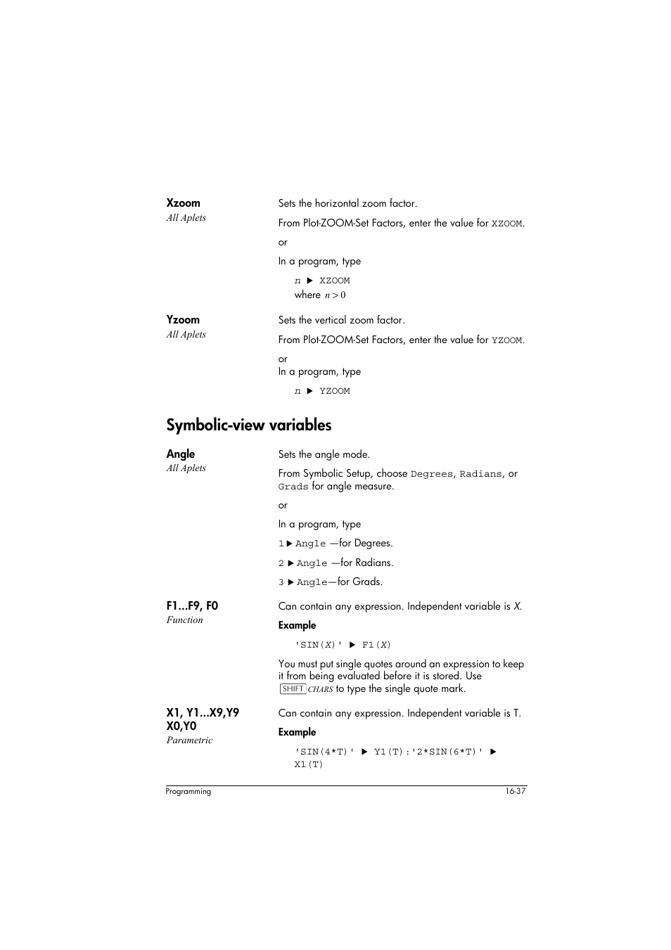 Xzoom all aplets, Yzoom all aplets, Symbolic-view variables | Angle all aplets, F1...f9, f0 function, X1, y1...x9,y9 x0,y0 parametric | HP 39g+ User Manual | Page 247 / 294