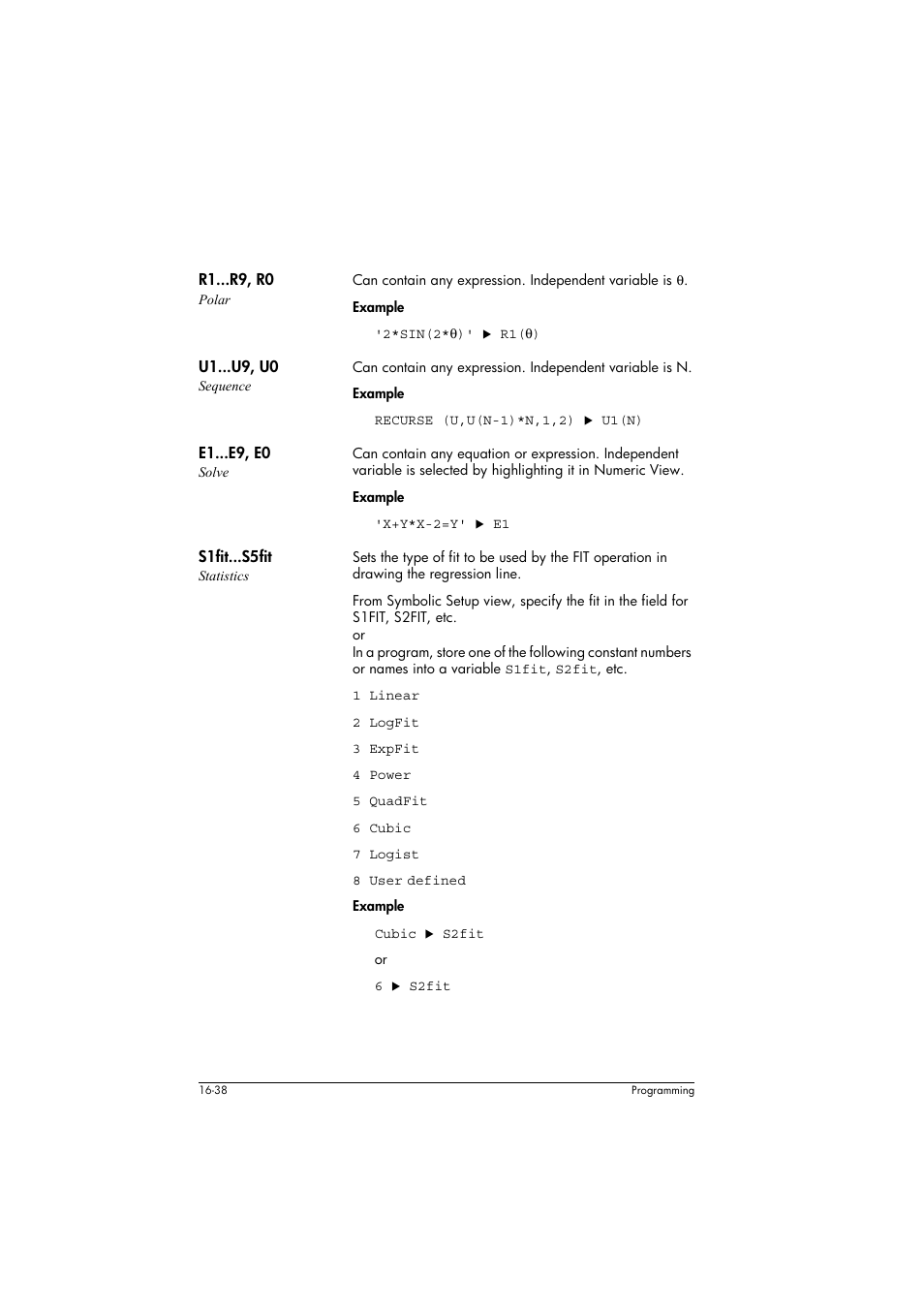 R1...r9, r0 polar, U1...u9, u0 sequence, E1...e9, e0 solve | S1fit...s5fit statistics | HP 39g+ User Manual | Page 248 / 294