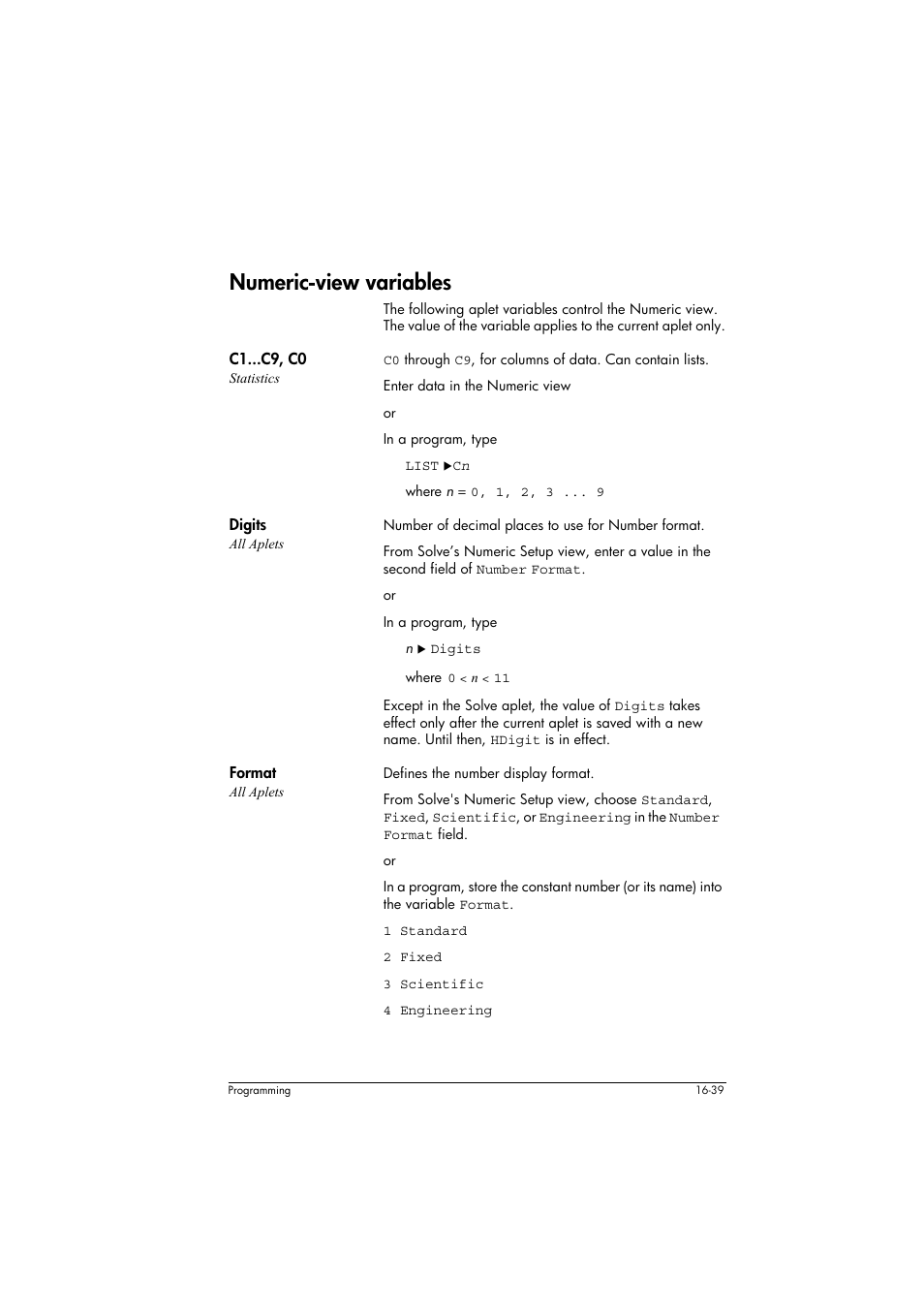 Numeric-view variables, C1...c9, c0 statistics, Digits all aplets | Format all aplets | HP 39g+ User Manual | Page 249 / 294