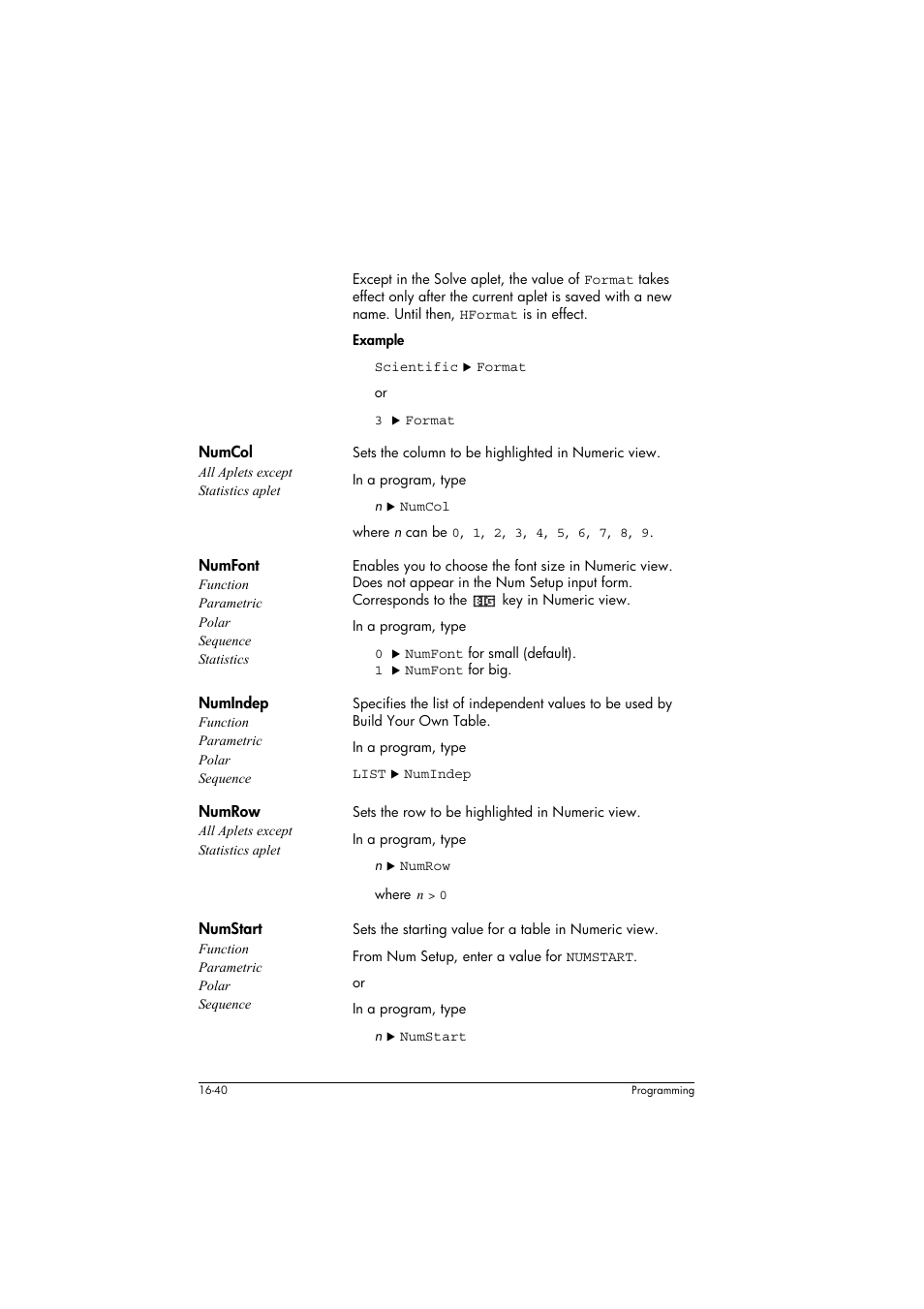 Numcol all aplets except statistics aplet, Numindep function parametric polar sequence, Numrow all aplets except statistics aplet | Numstart function parametric polar sequence | HP 39g+ User Manual | Page 250 / 294