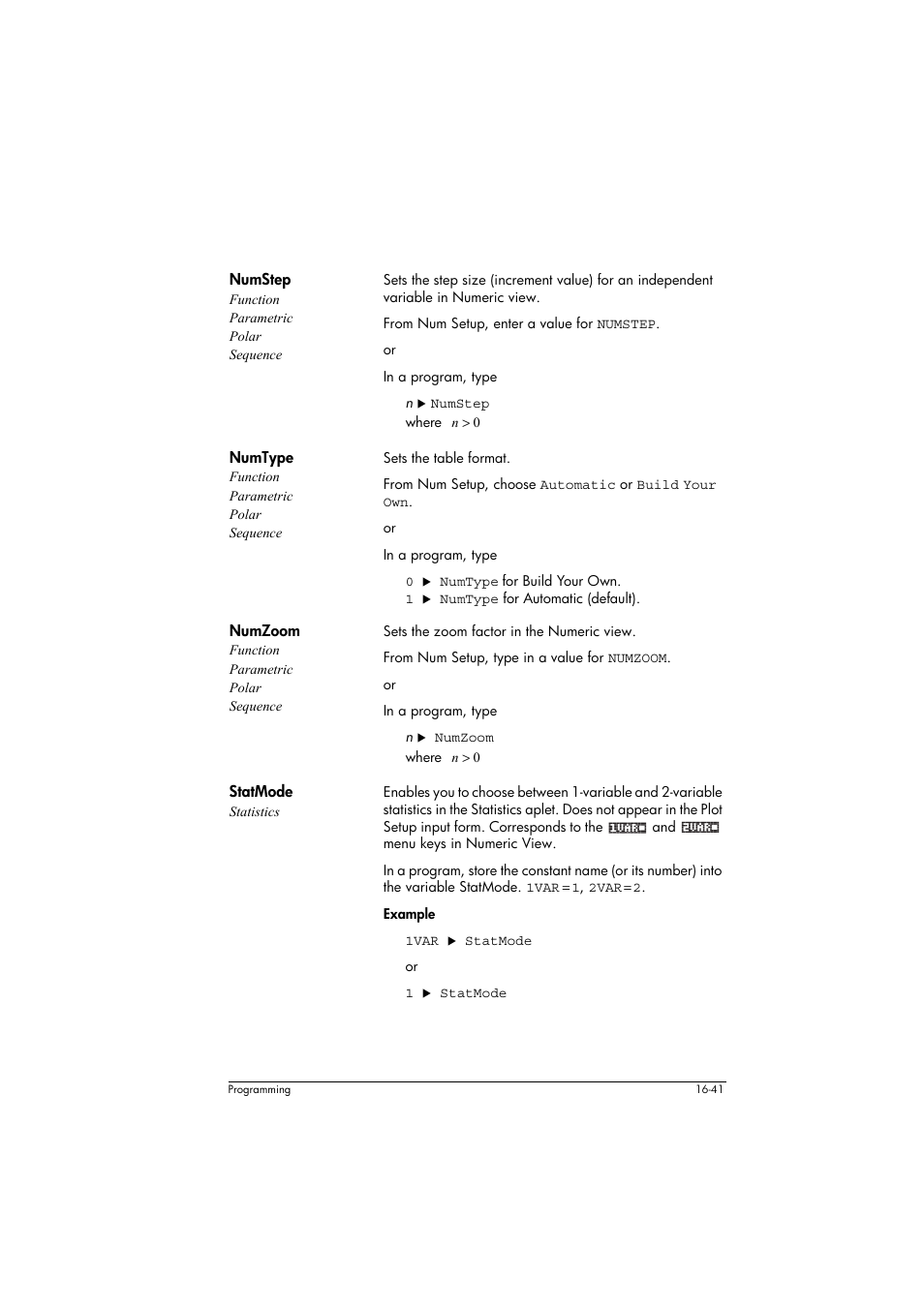 Numstep function parametric polar sequence, Numtype function parametric polar sequence, Numzoom function parametric polar sequence | Statmode statistics | HP 39g+ User Manual | Page 251 / 294