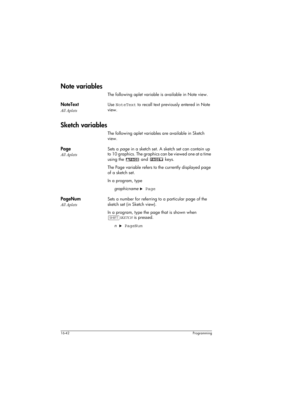 Note variables, Notetext all aplets, Sketch variables | HP 39g+ User Manual | Page 252 / 294