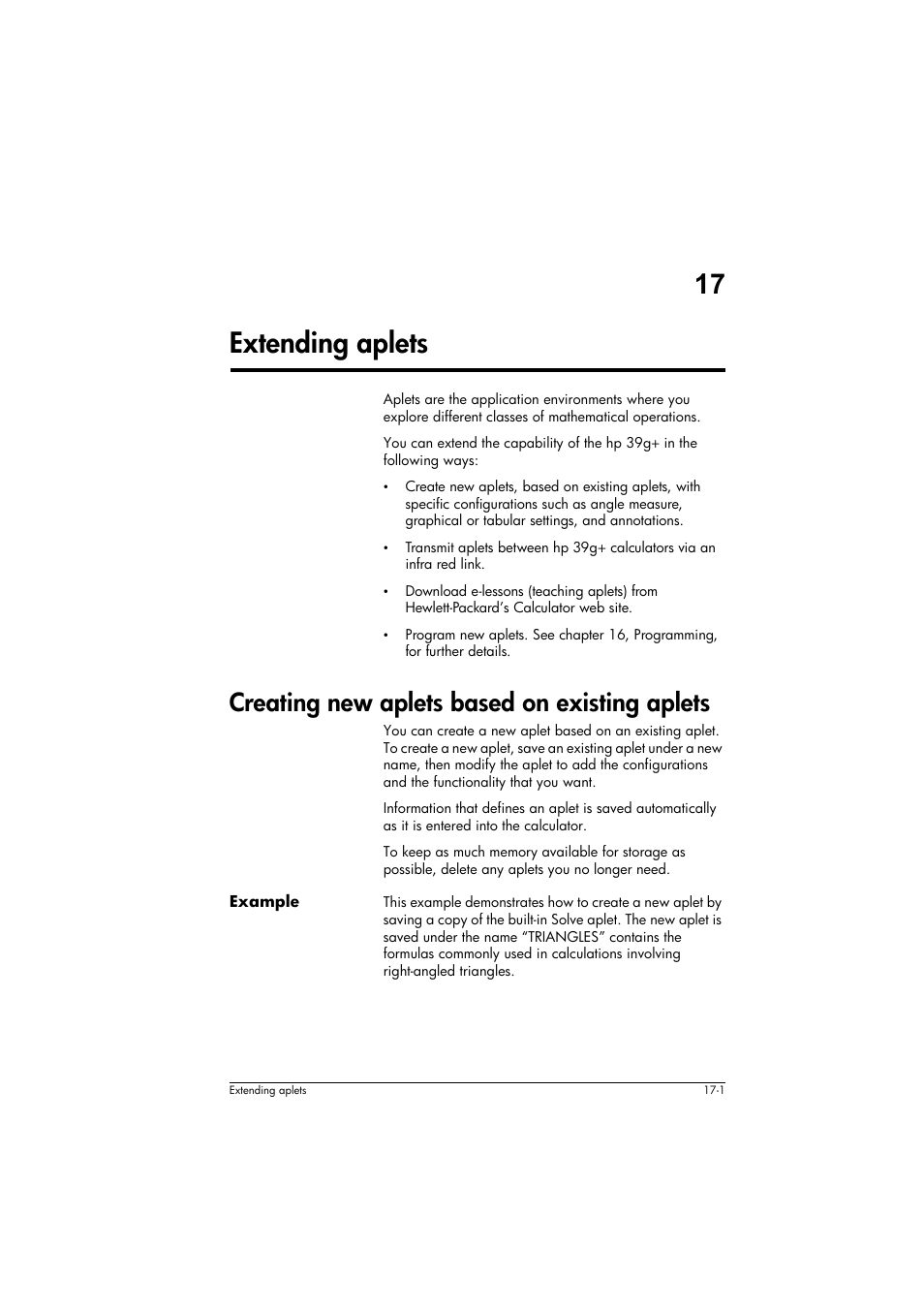 Creating new aplets based on existing aplets, Example, 17 extending aplets | HP 39g+ User Manual | Page 253 / 294