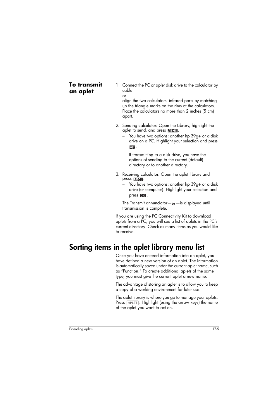 To transmit an aplet, Sorting items in the aplet library menu list | HP 39g+ User Manual | Page 257 / 294