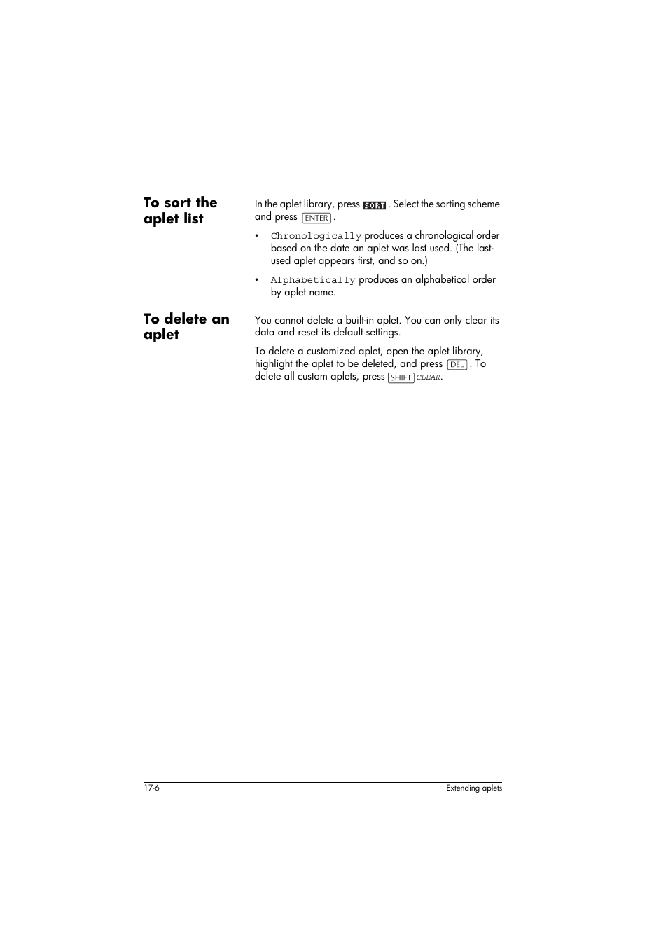 To sort the aplet list, To delete an aplet | HP 39g+ User Manual | Page 258 / 294