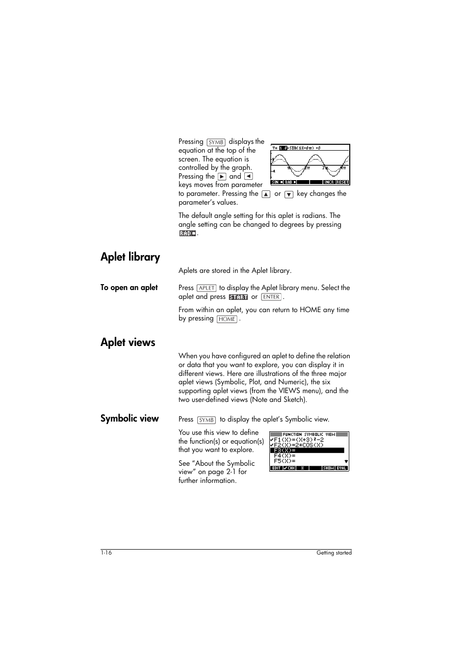 Aplet library, To open an aplet, Aplet views | Symbolic view | HP 39g+ User Manual | Page 26 / 294