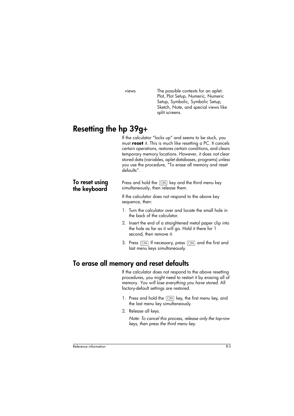 Resetting the hp39g, To reset using the keyboard, To erase all memory and reset defaults | Resetting the hp 39g | HP 39g+ User Manual | Page 261 / 294