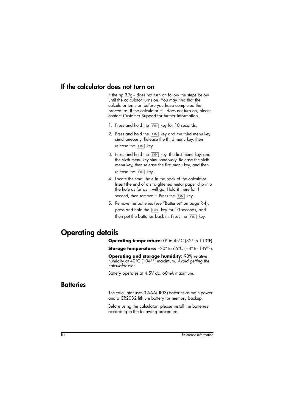 If the calculator does not turn on, Operating details, Batteries | HP 39g+ User Manual | Page 262 / 294