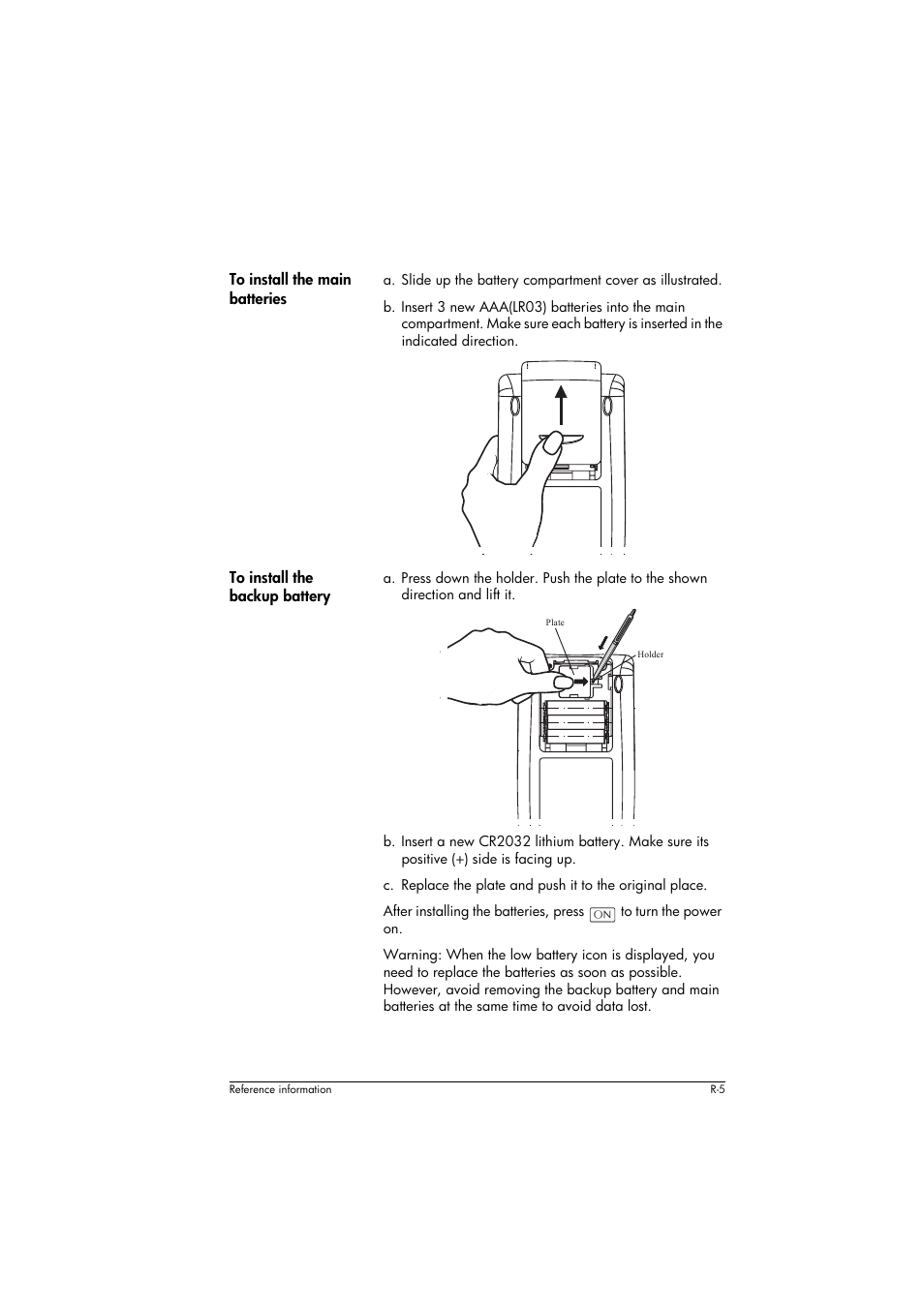 To install the main batteries, To install the backup battery | HP 39g+ User Manual | Page 263 / 294