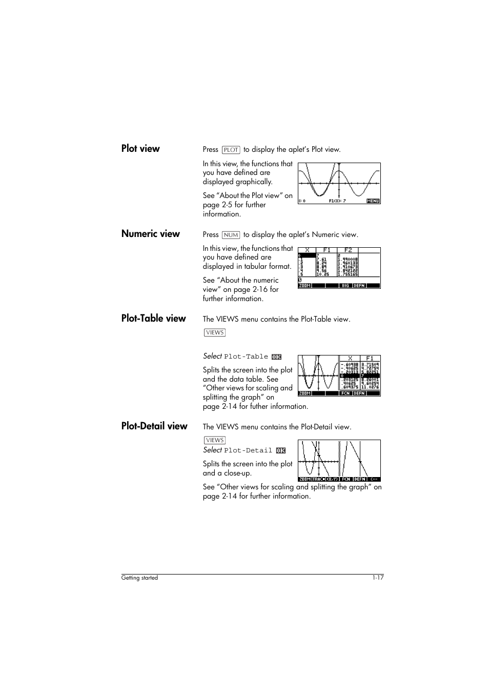 Plot view, Numeric view, Plot-table view | Plot-detail view | HP 39g+ User Manual | Page 27 / 294