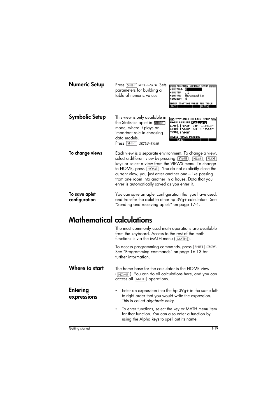 Numeric setup, Symbolic setup, To change views | To save aplet configuration, Mathematical calculations, Where to start, Entering expressions | HP 39g+ User Manual | Page 29 / 294