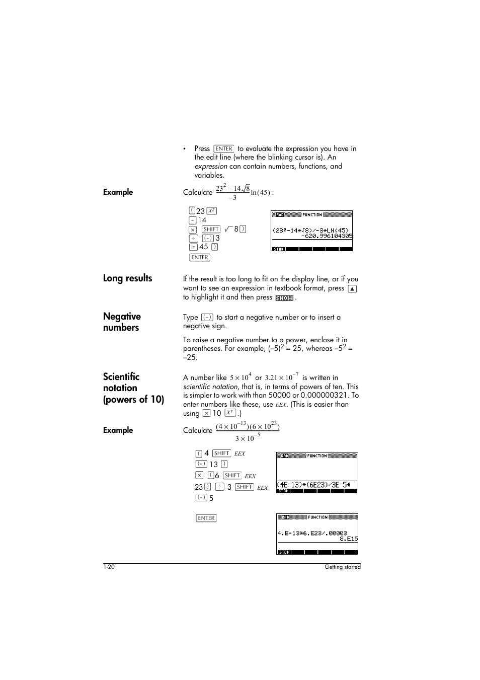 Example, Long results, Negative numbers | Scientific notation (powers of 10) | HP 39g+ User Manual | Page 30 / 294