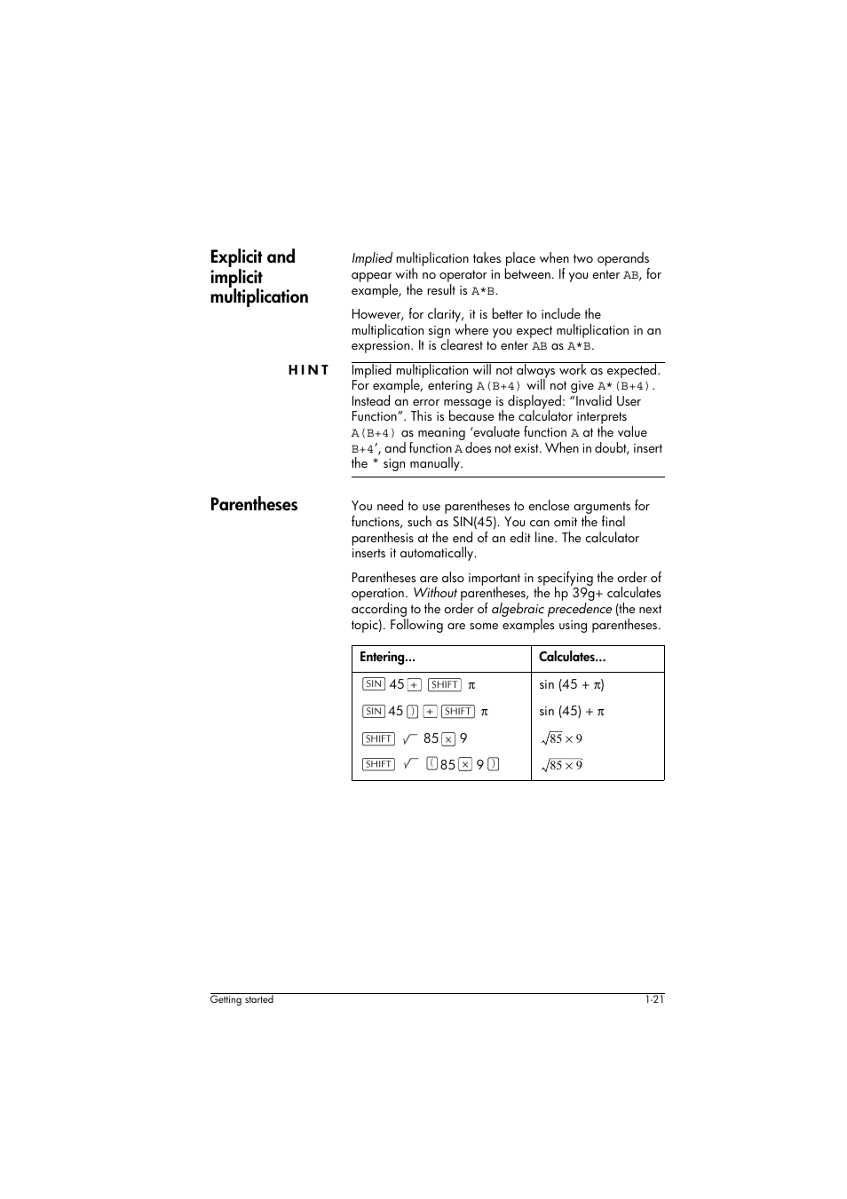 Explicit and implicit multiplication, Hint, Parentheses | Entering, Calculates | HP 39g+ User Manual | Page 31 / 294