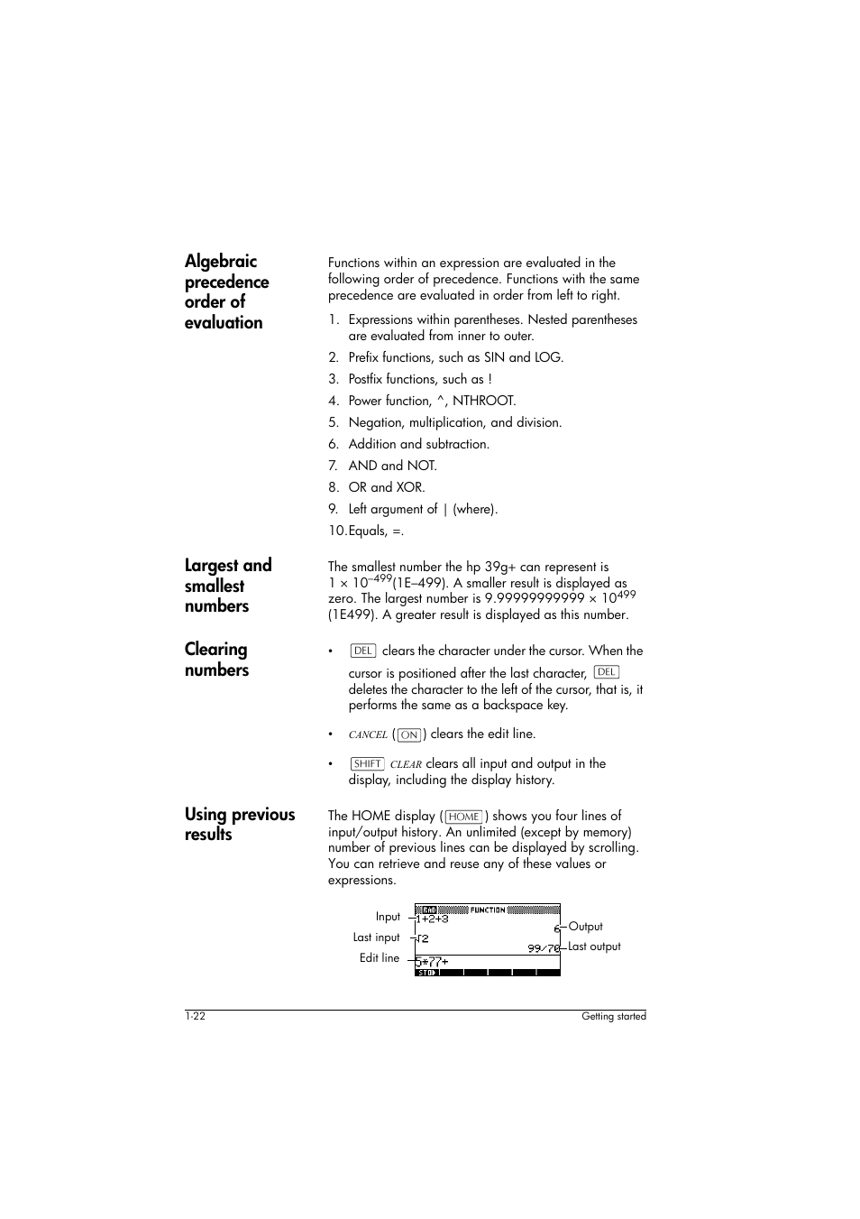 Algebraic precedence order of evaluation, Largest and smallest numbers, Clearing numbers | Using previous results | HP 39g+ User Manual | Page 32 / 294