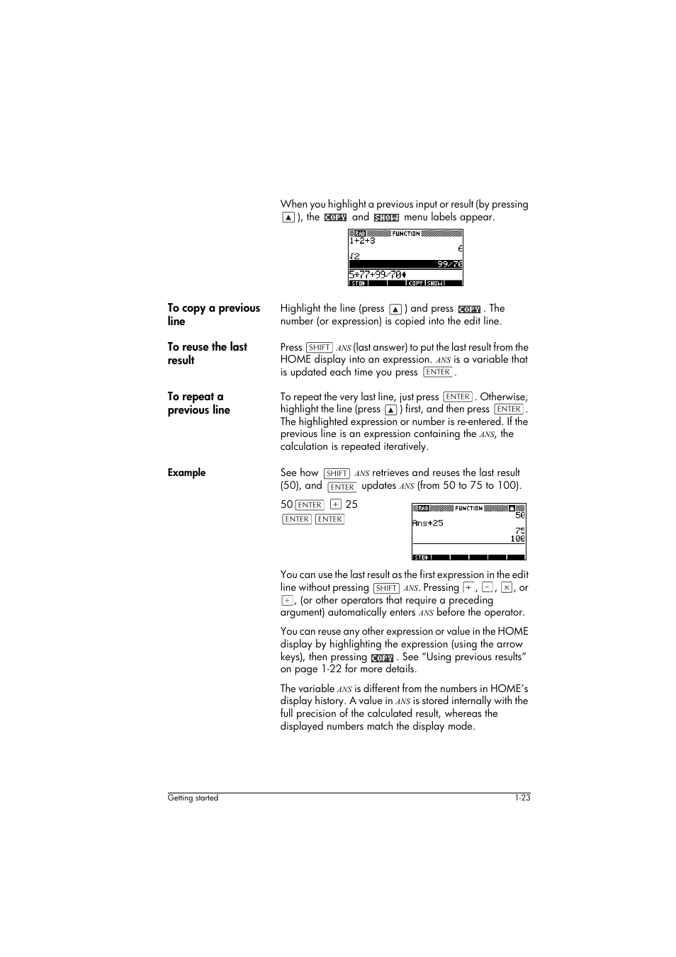 To copy a previous line, To reuse the last result, To repeat a previous line | Example | HP 39g+ User Manual | Page 33 / 294