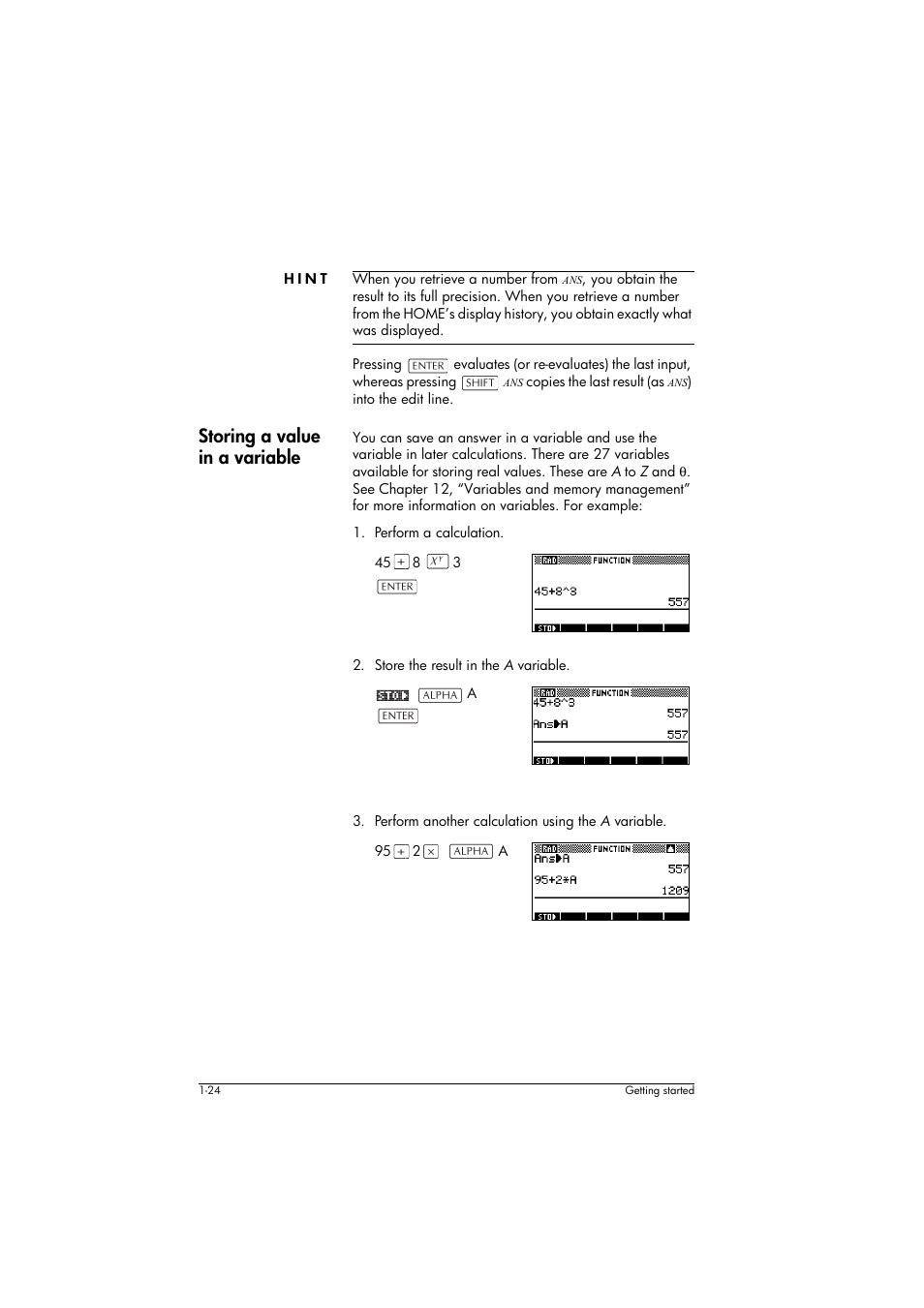 Hint, Storing a value in a variable | HP 39g+ User Manual | Page 34 / 294